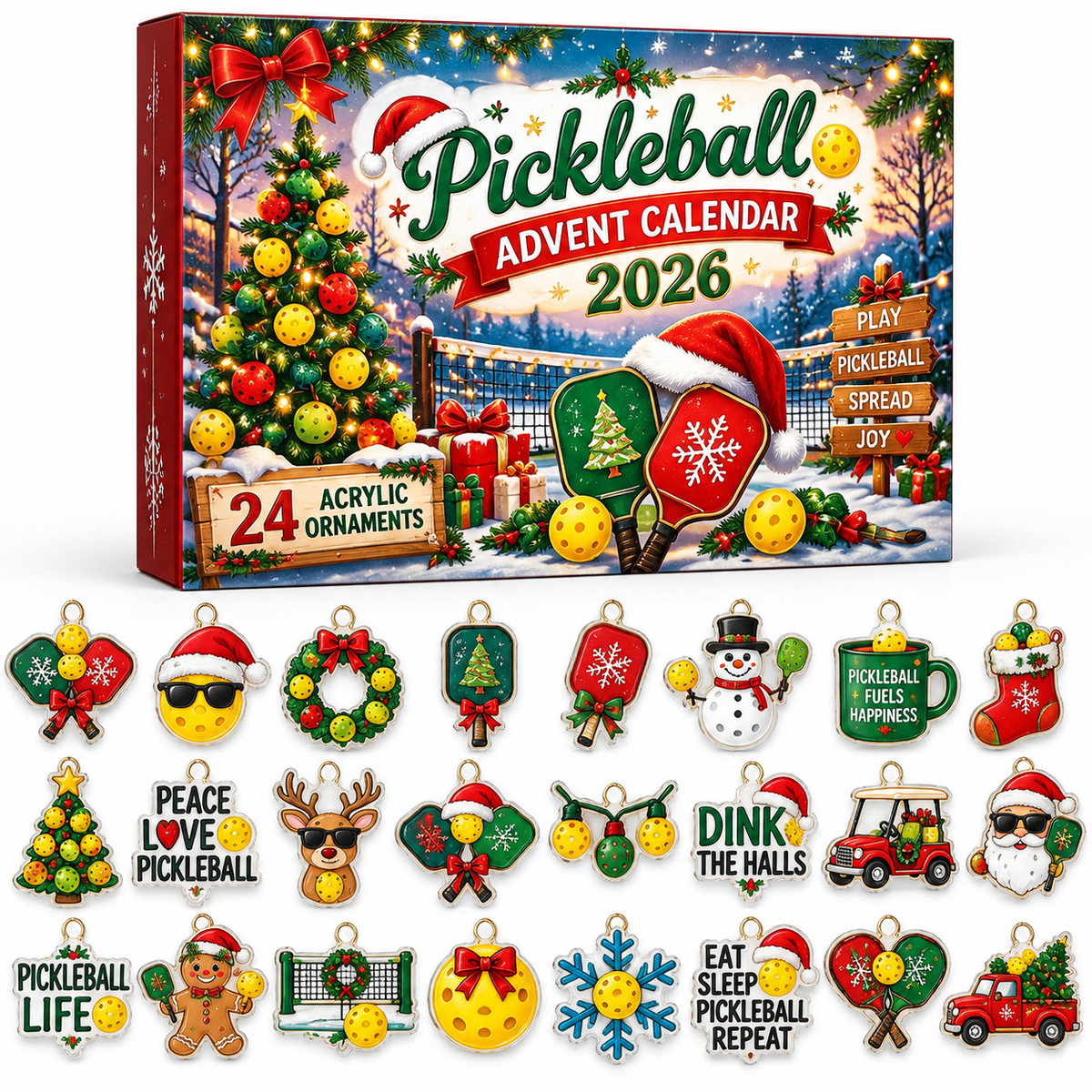 Advent Calendar  HG  Pickleball Acrylic Ornament, Countdown Blind Box Holiday Gift