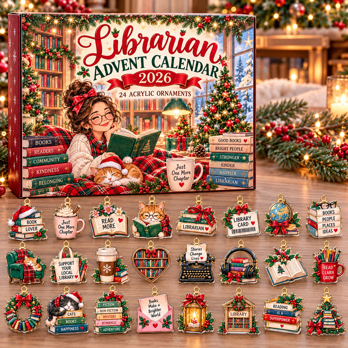 Librarian HG AI Advent Calendar  2026, 24 Acrylic Book Ornaments, Christmas Countdown Blind Box Holiday Gift