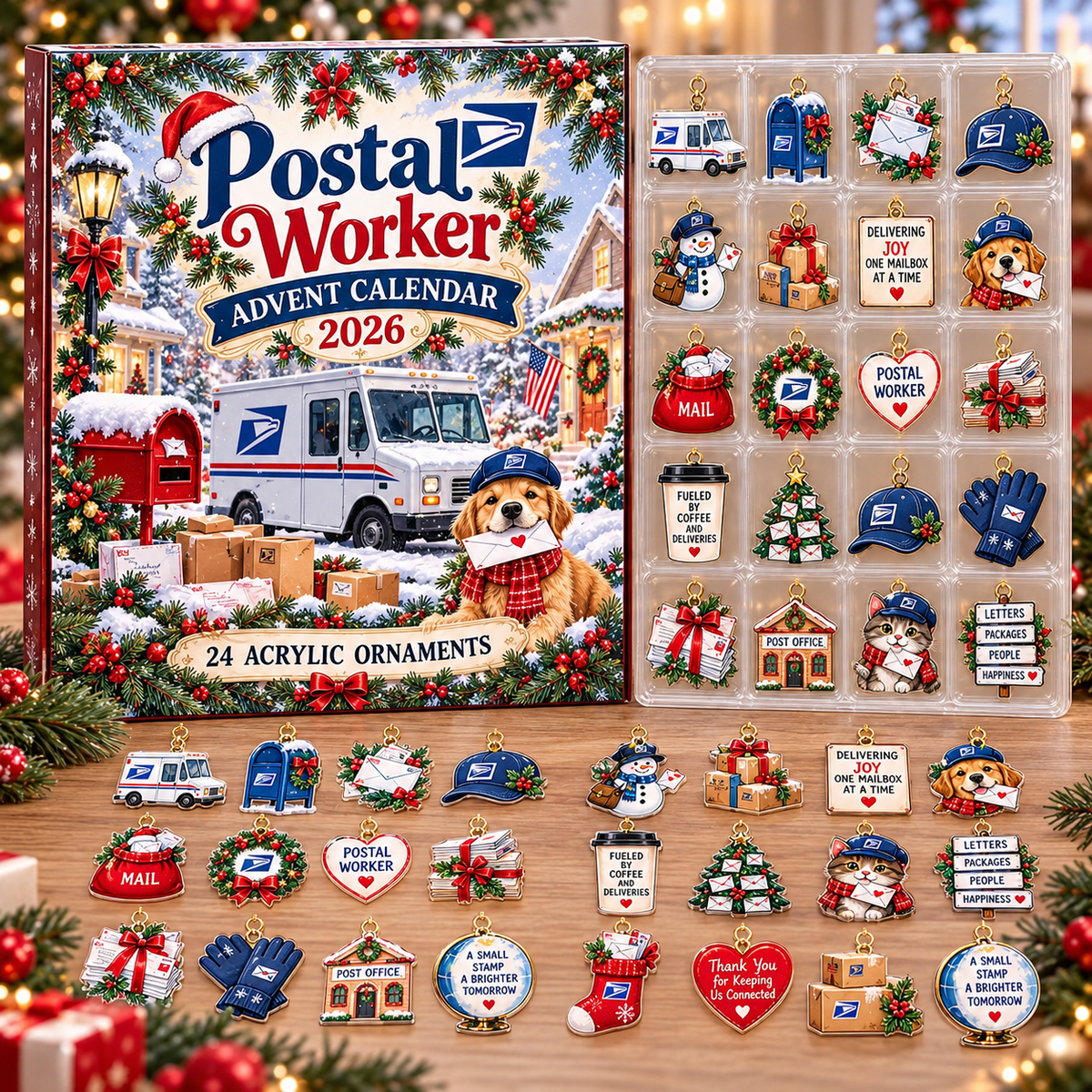 Postal Worker HG AI Advent Calendar  2026, 24 Acrylic Mail Ornaments, Christmas Countdown Blind Box Holiday Gift
