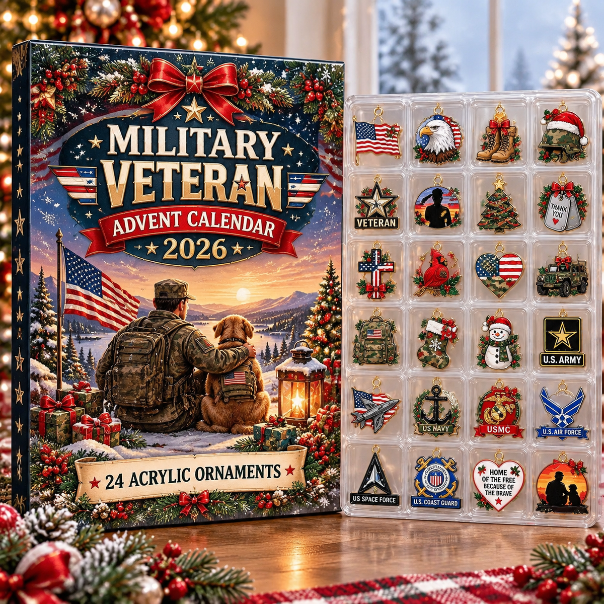 Military Veteran HG AI Advent Calendar  2026, 24 Acrylic Service Ornaments, Christmas Countdown Blind Box Holiday Gift