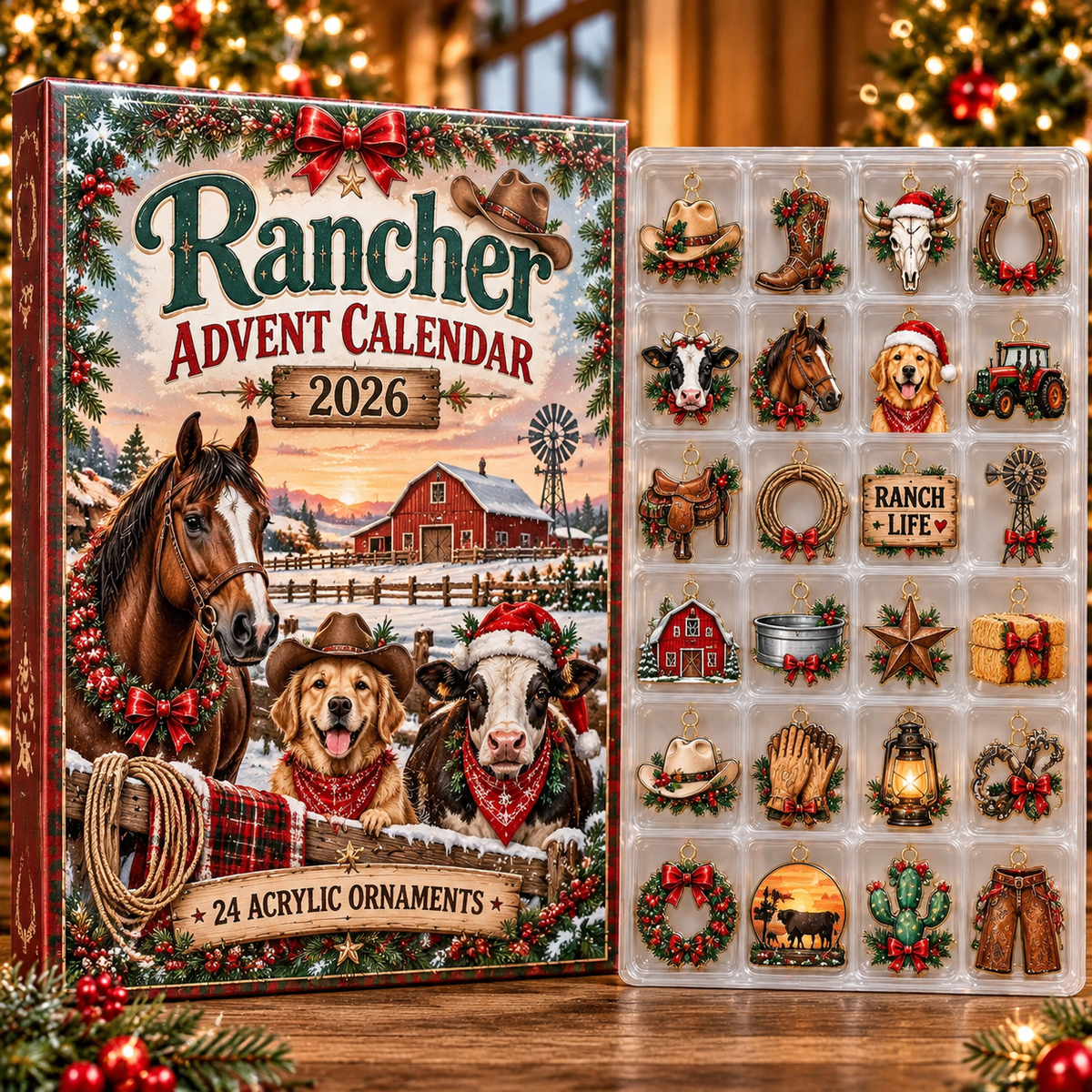 Rancher HG AI Advent Calendar  2026, 24 Acrylic Farm Ornaments, Christmas Countdown Blind Box Holiday Gift