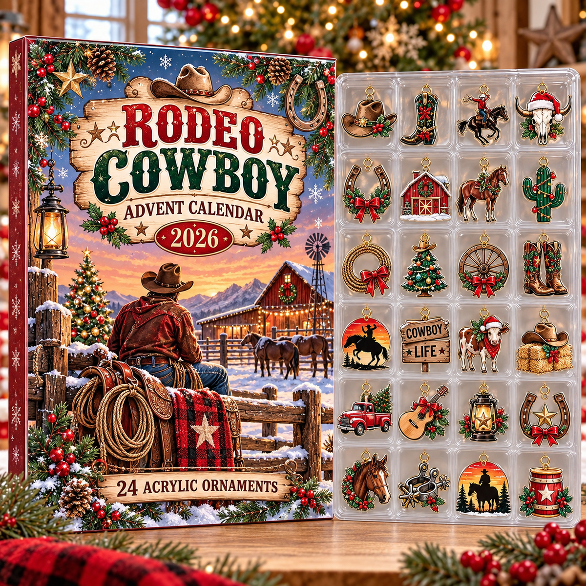 Rodeo Cowboy HG AI Advent Calendar  2026, 24 Acrylic Western Ornaments, Christmas Countdown Blind Box Holiday Gift