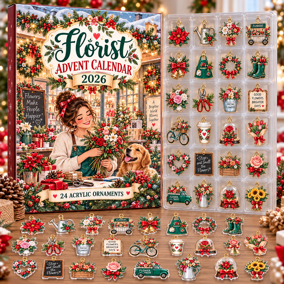 Florist HG AI Advent Calendar  2026, 24 Acrylic Flower Ornaments, Christmas Countdown Blind Box Holiday Gift