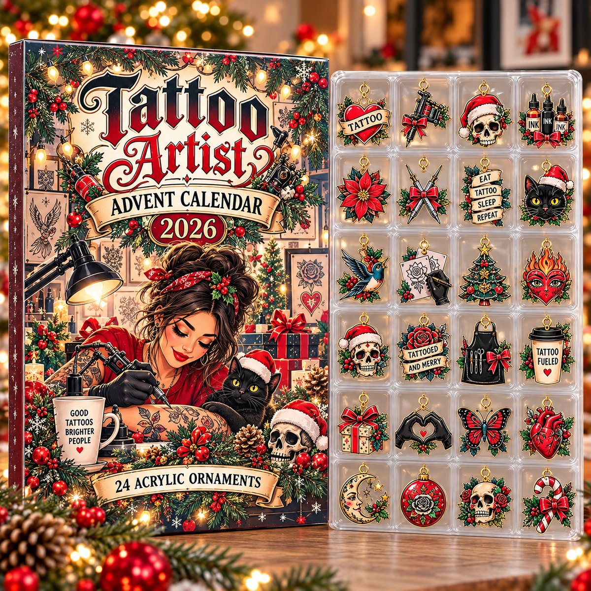 Tattoo Artist HG AI Advent Calendar  2026, 24 Acrylic Ink Ornaments, Christmas Countdown Blind Box Holiday Gift
