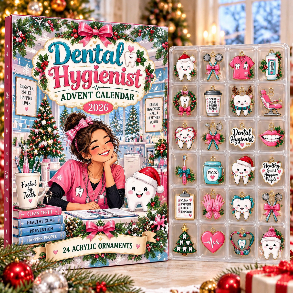 Dental Hygienist HG AI Advent Calendar  2026, 24 Acrylic Dental Ornaments, Christmas Countdown Blind Box Holiday Gift