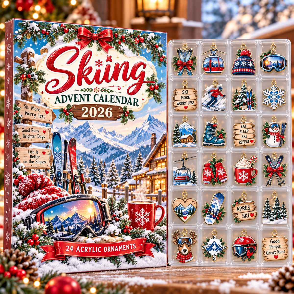 Skiing HG AI Advent Calendar  2026, 24 Acrylic Ornaments Christmas Countdown Holiday Gift