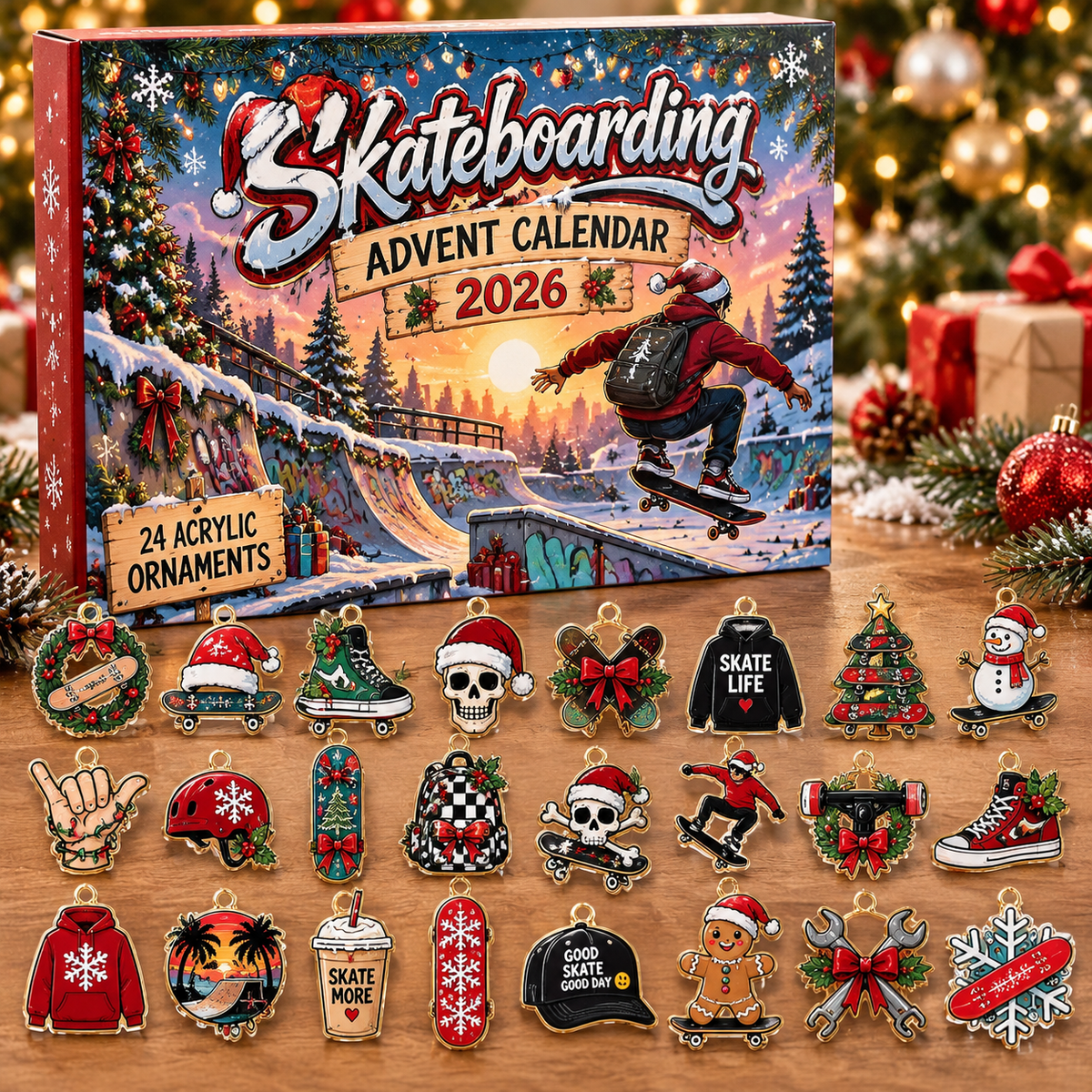 Skateboarding HG AI Advent Calendar  2026, 24 Acrylic Ornaments Christmas Countdown Holiday Gift