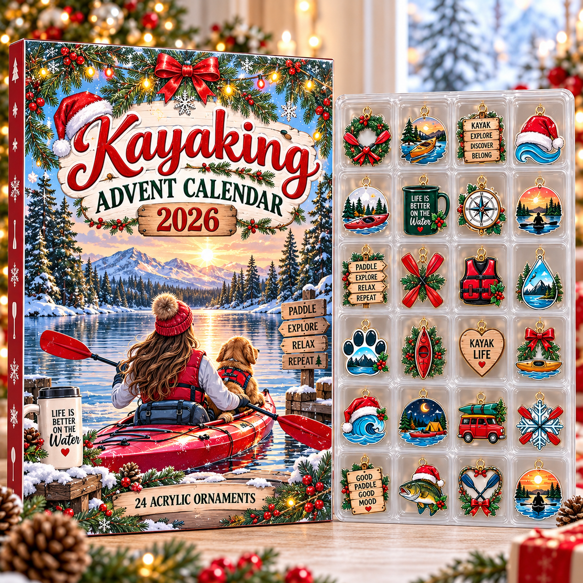 Kayaking HG AI Advent Calendar  2026, 24 Acrylic Ornaments Christmas Countdown Holiday Gift