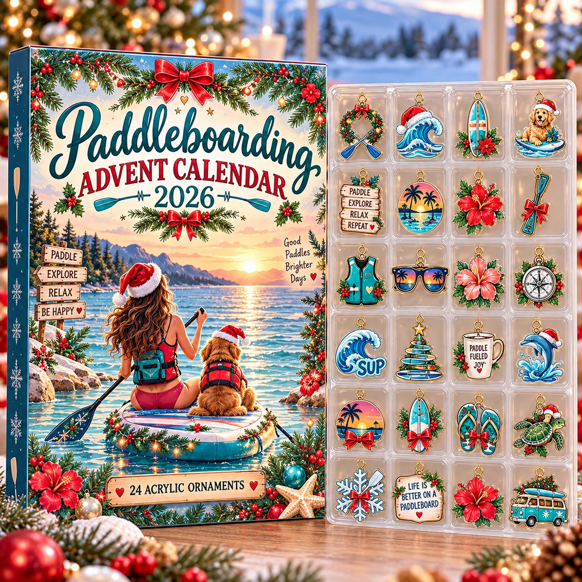 Paddleboarding HG AI Advent Calendar  2026, 24 Acrylic Ornaments Christmas Countdown Holiday Gift