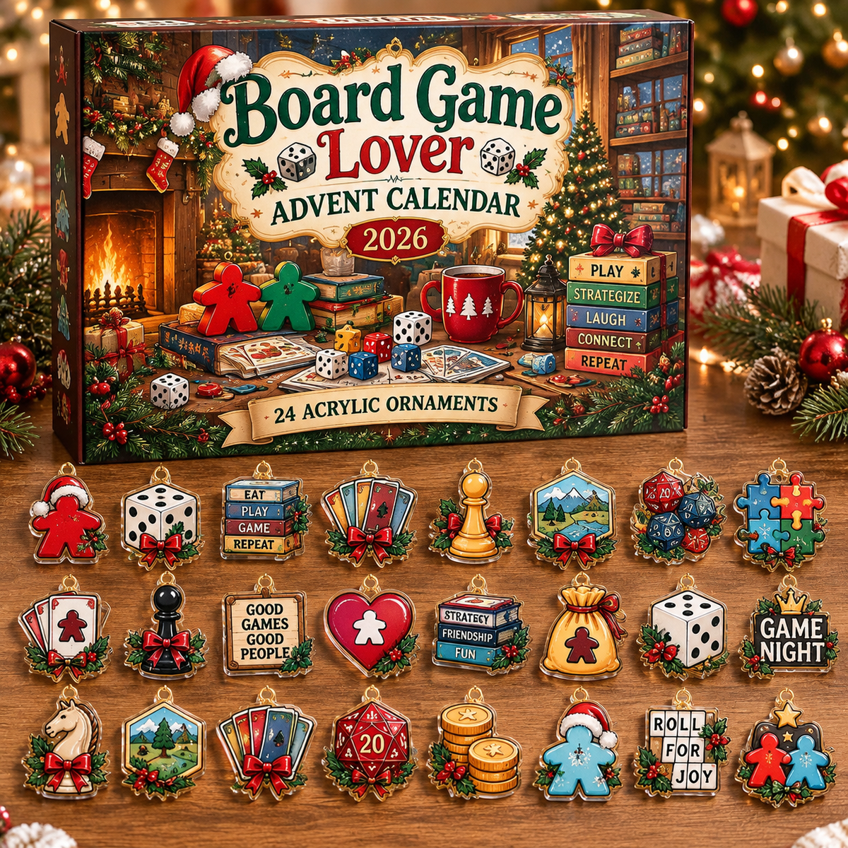 Board Game Lover HG AI Advent Calendar  2026, 24 Acrylic Ornaments Christmas Countdown Holiday Gift