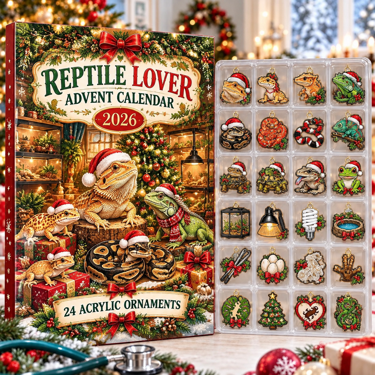 Reptile Lover HG AI Advent Calendar  2026, 24 Acrylic Ornaments, Christmas Countdown Blind Box Holiday Gift