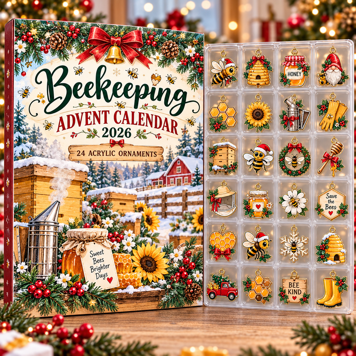 Beekeeping HG AI Advent Calendar  2026, 24 Acrylic Bee Ornaments, Christmas Countdown Blind Box Holiday Gift