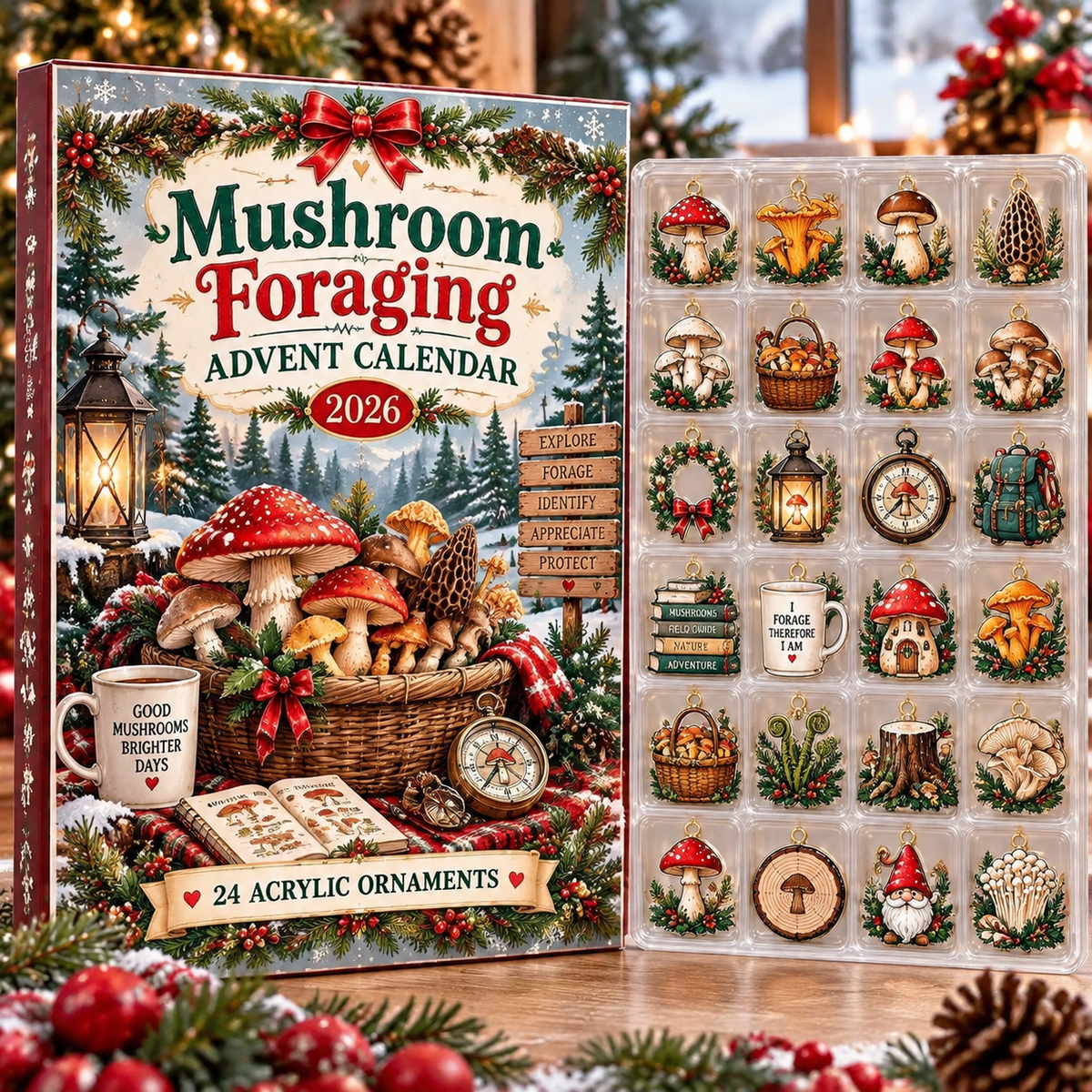 Mushroom Foraging HG AI Advent Calendar  2026, 24 Acrylic Fungi Ornaments, Christmas Countdown Blind Box Holiday Gift