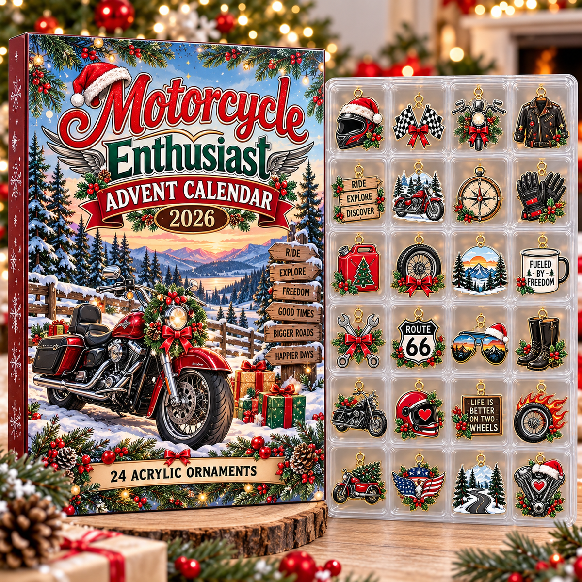 Motorcycle Enthusiast HG AI Advent Calendar  2026, 24 Acrylic Bike Ornaments, Christmas Countdown Holiday Gift