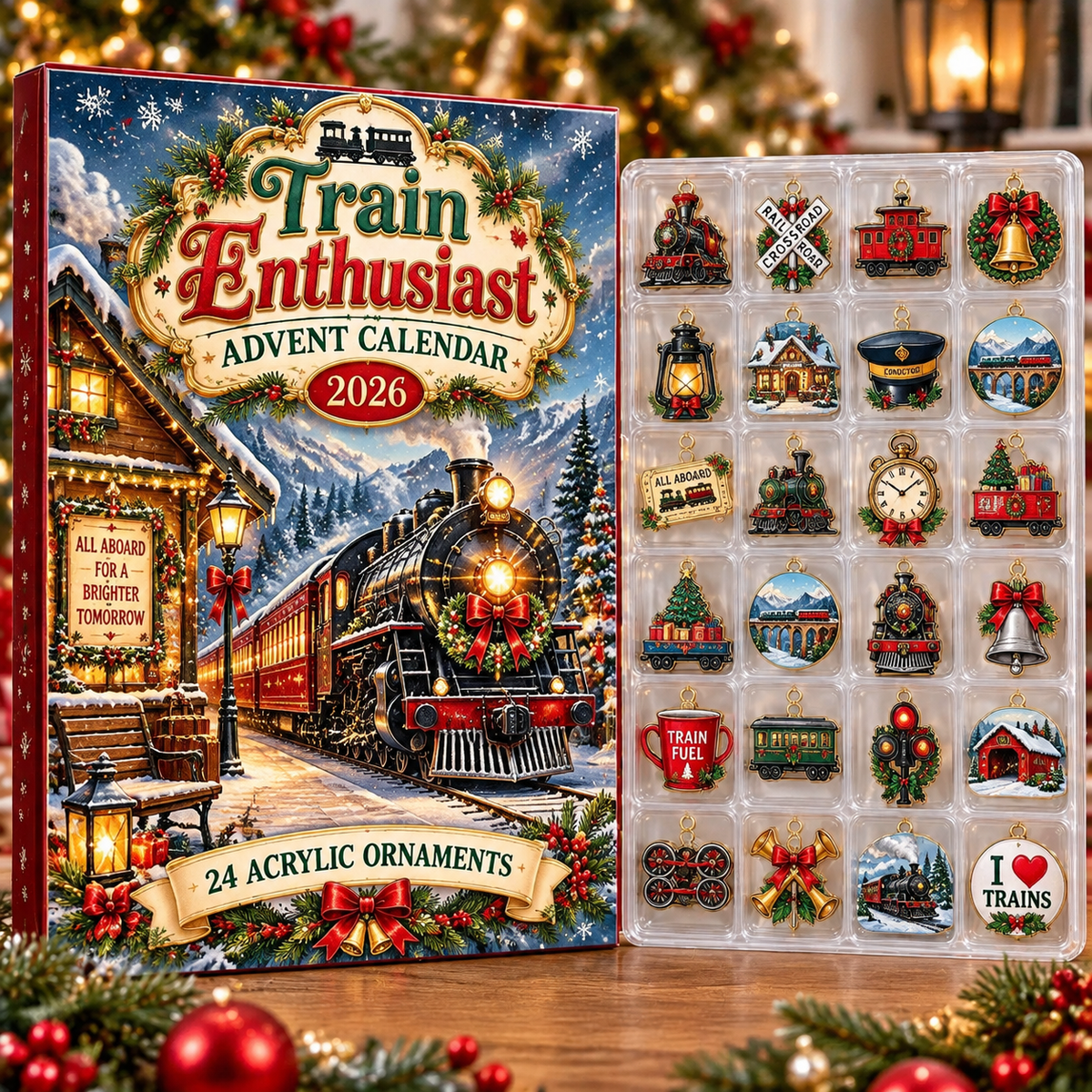 Train Enthusiast HG AI Advent Calendar  2026, 24 Acrylic Railway Ornaments, Christmas Countdown Blind Box Holiday Gift