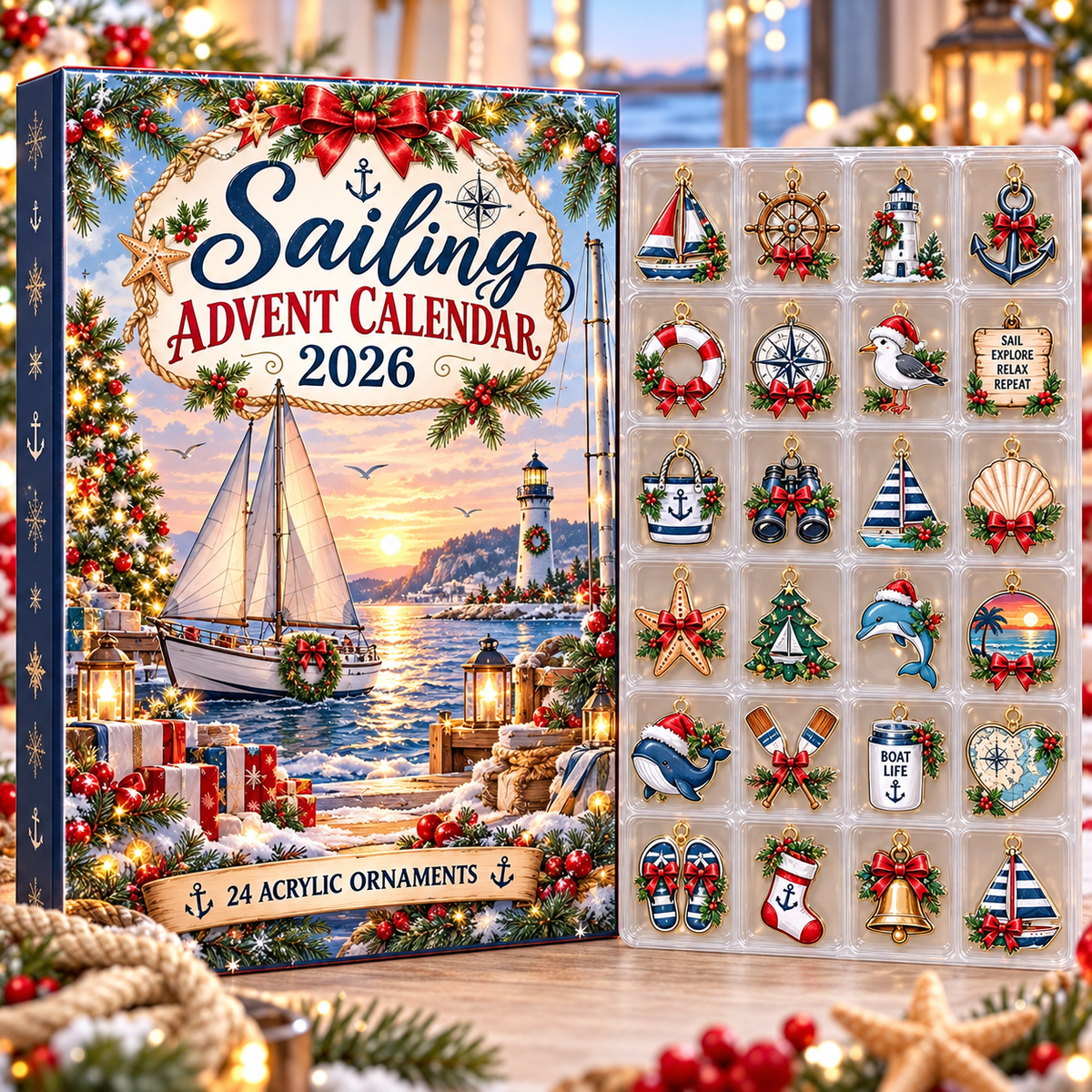 Sailing HG AI Advent Calendar  2026, 24 Acrylic Nautical Ornaments, Christmas Countdown Blind Box Holiday Gift