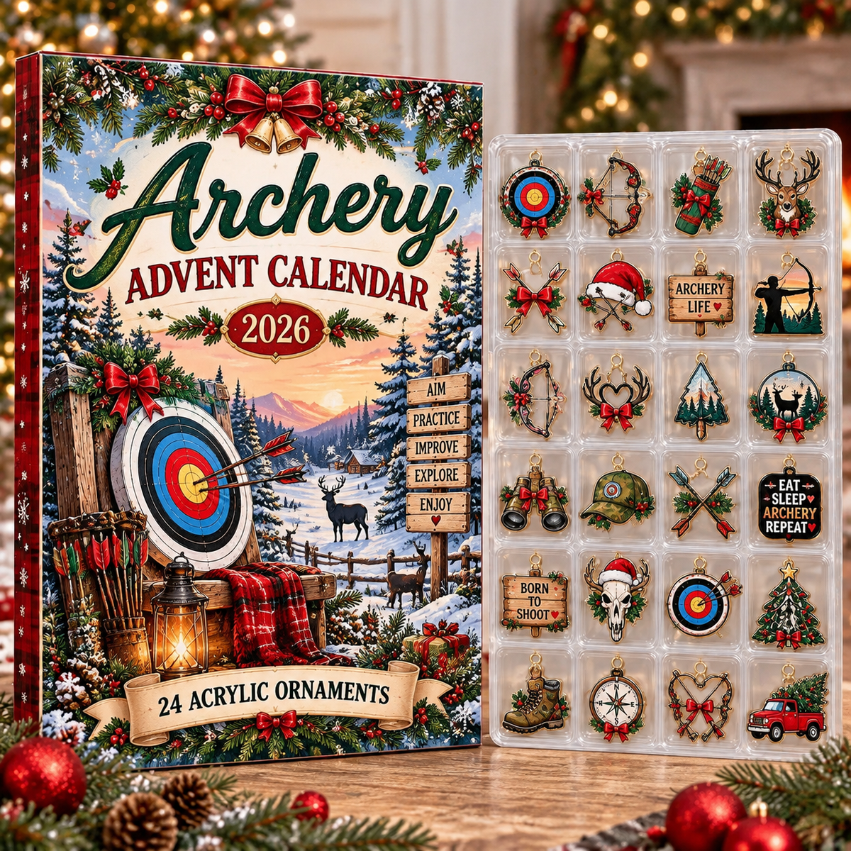Archery HG AI Advent Calendar  2026, 24 Acrylic Bow Ornaments, Christmas Countdown Blind Box Holiday Gift