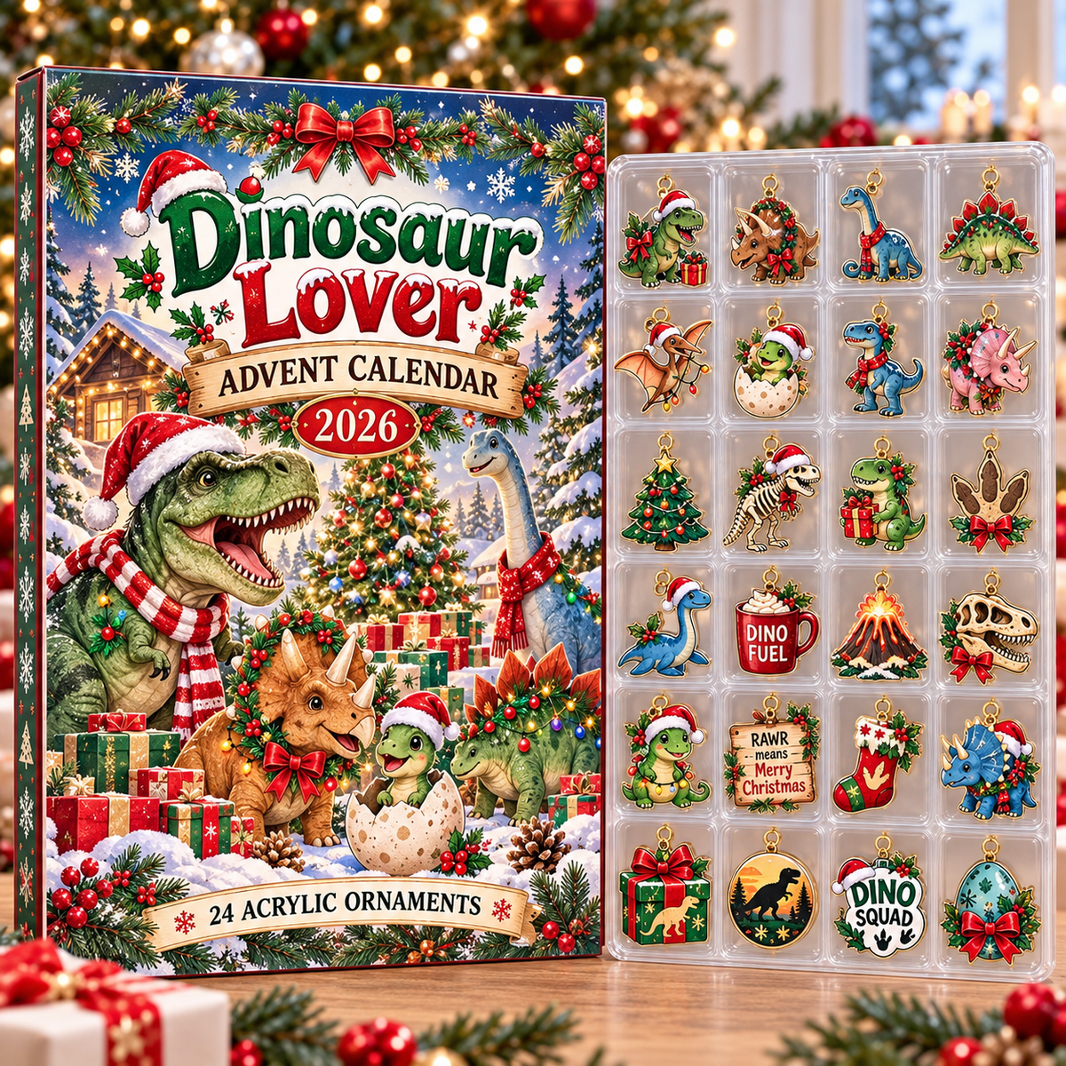 Dinosaur Lover HG AI Advent Calendar  2026, 24 Acrylic Dino Ornaments, Christmas Countdown Blind Box Holiday Gift