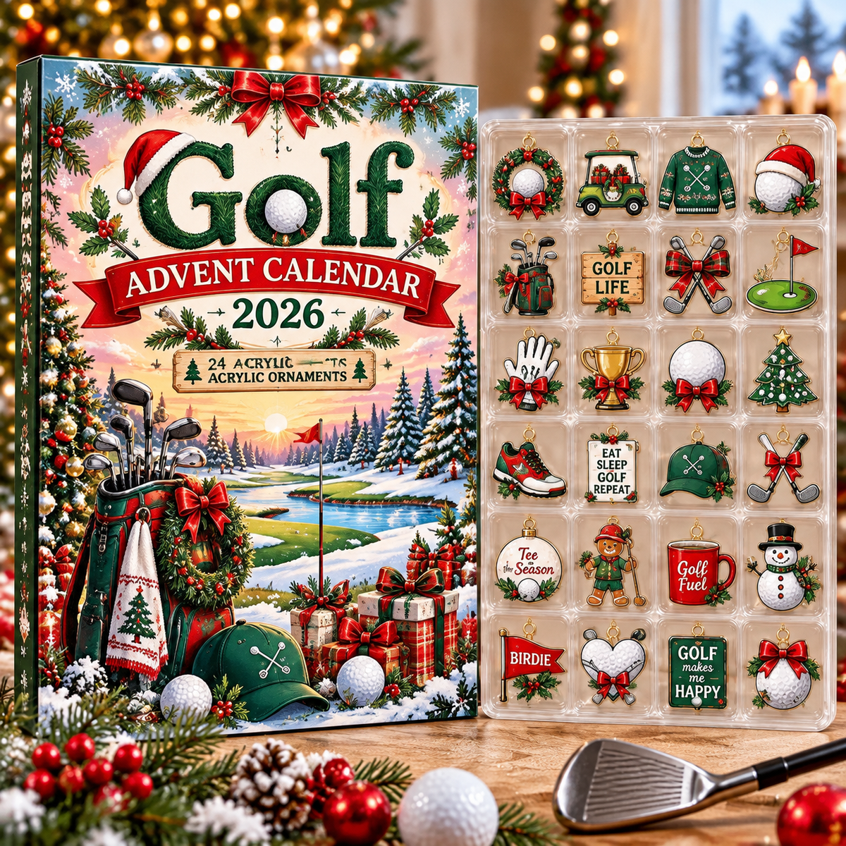 Golf HG AI Advent Calendar  2026, 24 Acrylic Club Ornaments, Christmas Countdown Blind Box Holiday Gift for Golfers
