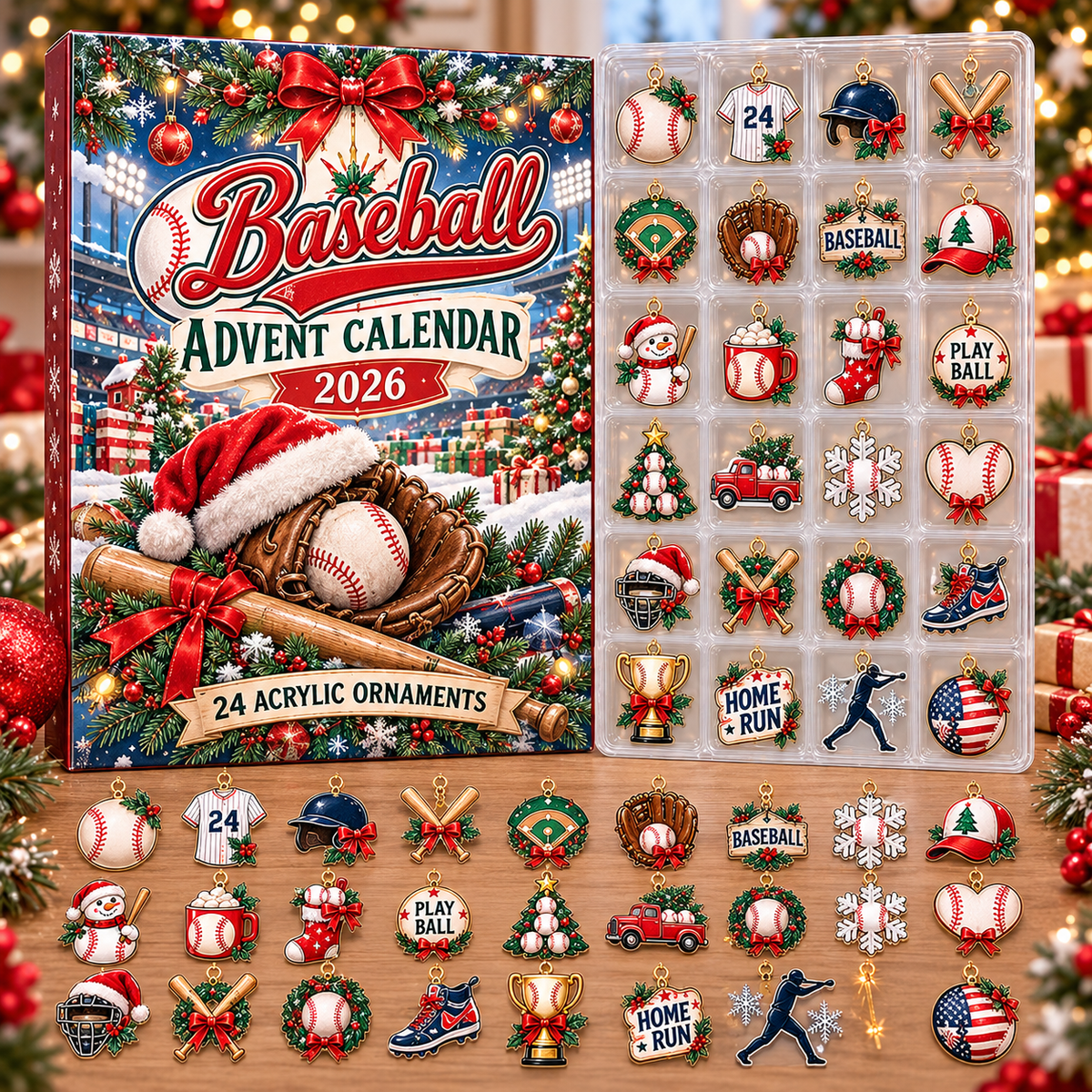 Baseball HG AI Advent Calendar  2026, 24 Acrylic Bat Ornaments, Christmas Countdown Blind Box Holiday Gift for Fans