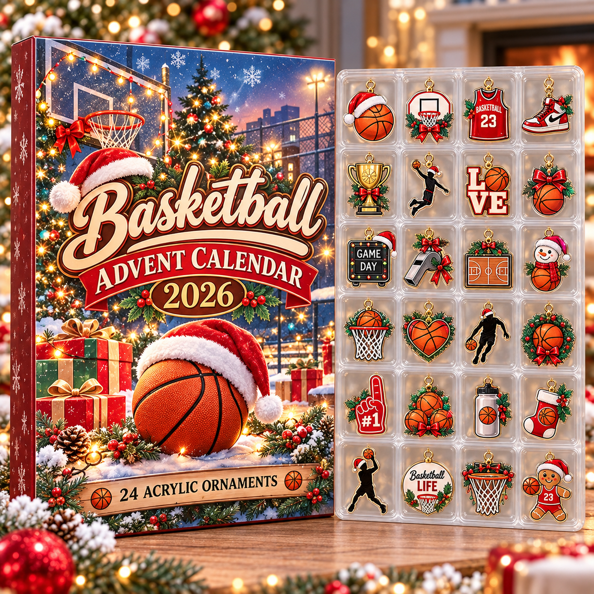 Basketball HG AI Advent Calendar  2026, 24 Acrylic Court Ornaments, Christmas Countdown Blind Box Holiday Gift