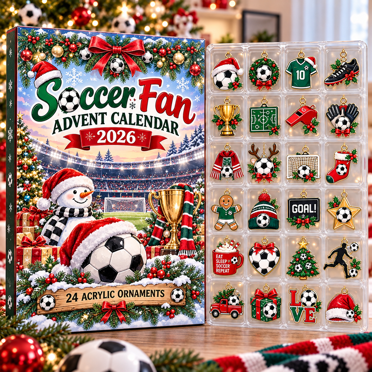 Soccer Fan HG AI Advent Calendar  2026, 24 Acrylic Ball Ornaments, Christmas Countdown Blind Box Holiday Gift