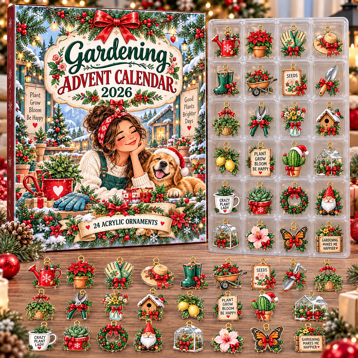 Gardening HG AI Advent Calendar  2026, 24 Acrylic Floral Ornaments, Christmas Countdown Blind Box Holiday Gift