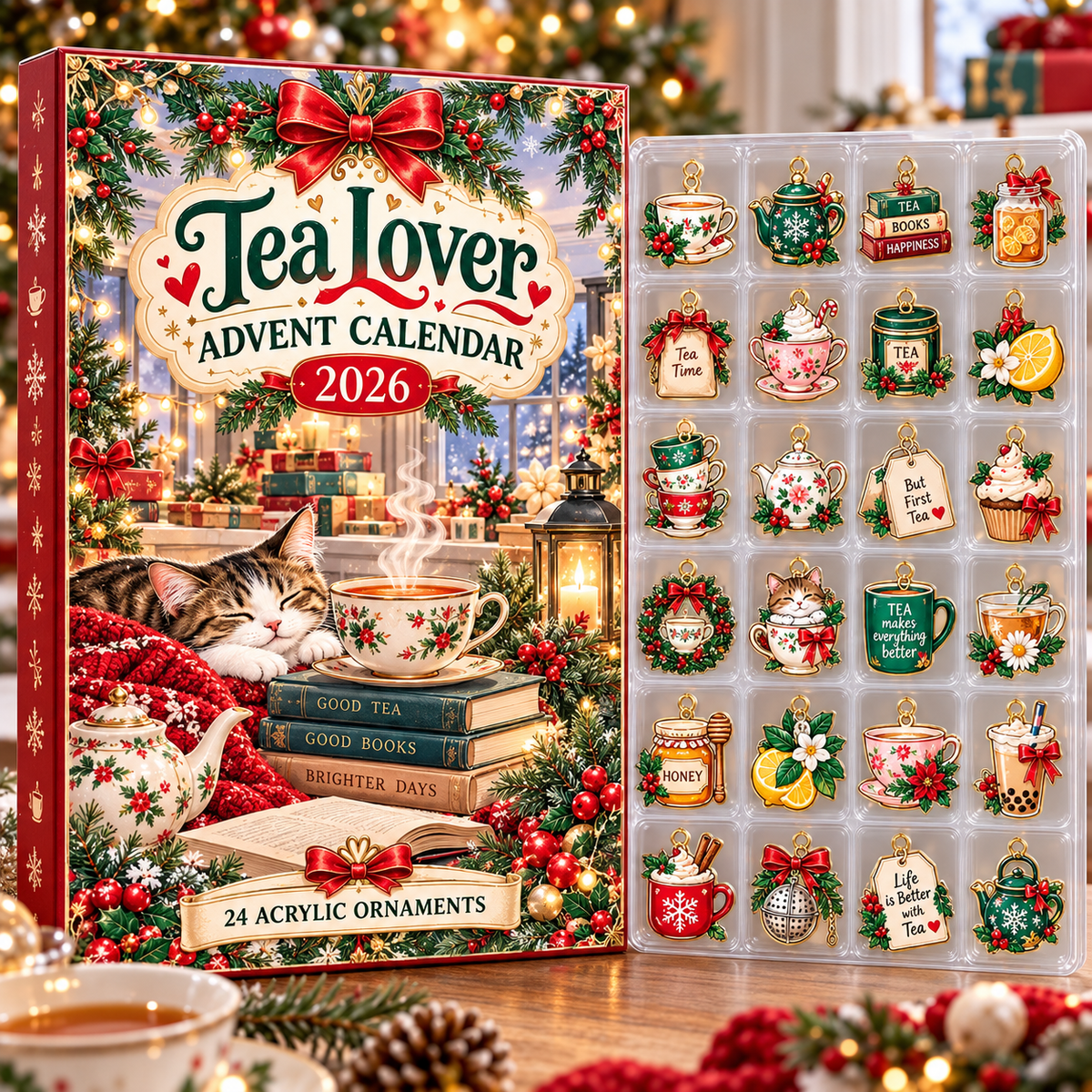 Tea Lover HG AI Advent Calendar  2026, 24 Acrylic Ornaments, Christmas Countdown Blind Box Holiday Gift for Enthusiasts