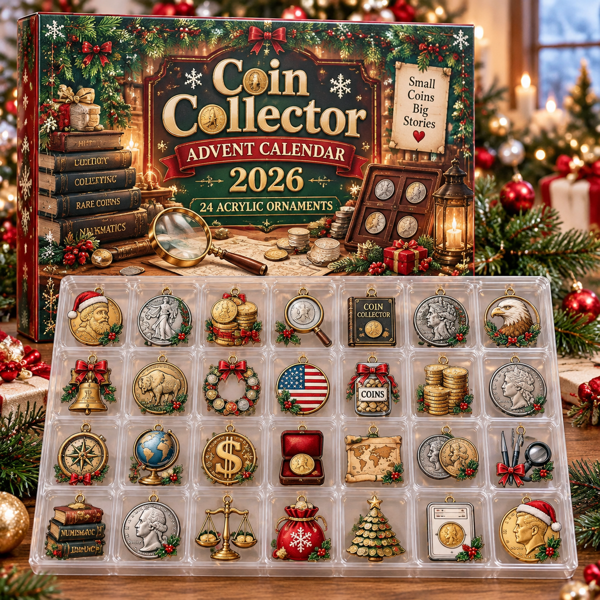 Coin Collector HG AI Advent Calendar  2026, 24 Acrylic Ornaments, Christmas Countdown Blind Box Holiday Gift for Numismatists
