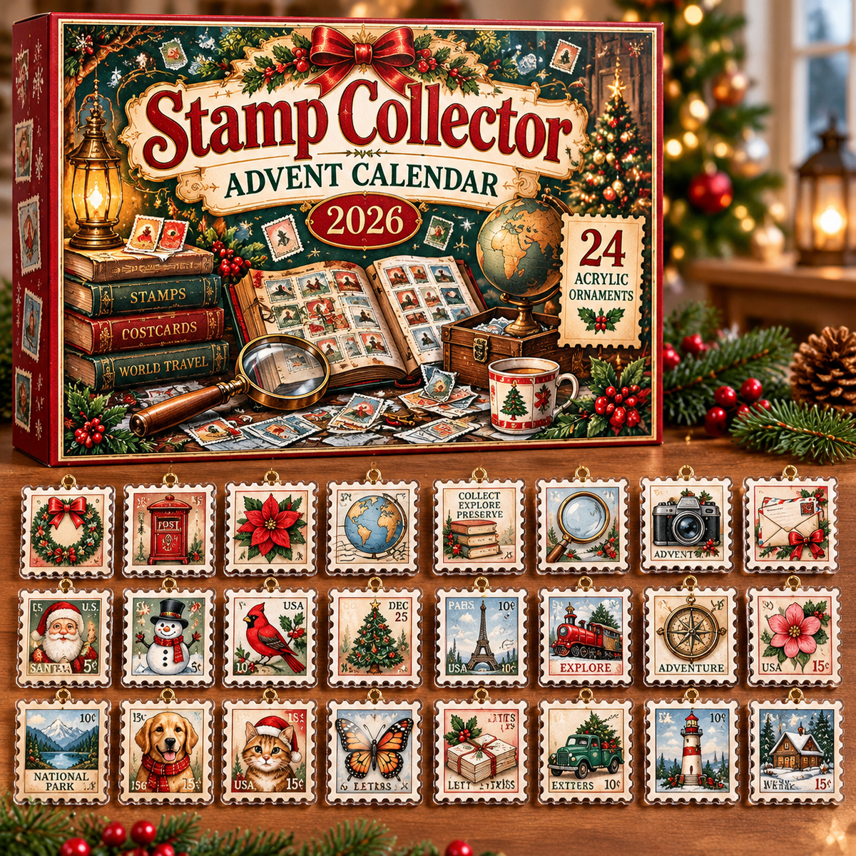 Stamp Collector HG AI Advent Calendar  2026, 24 Acrylic Ornaments, Christmas Countdown Blind Box Holiday Gift for Hobbyists