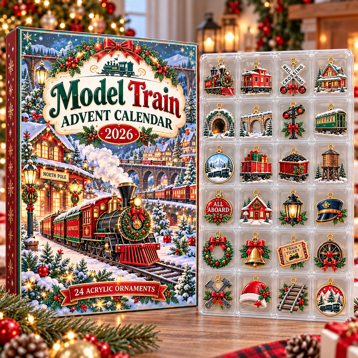 Model Train HG AI Advent Calendar  2026, 24 Acrylic Ornaments, Christmas Countdown Blind Box Holiday Gift for Railway Fans