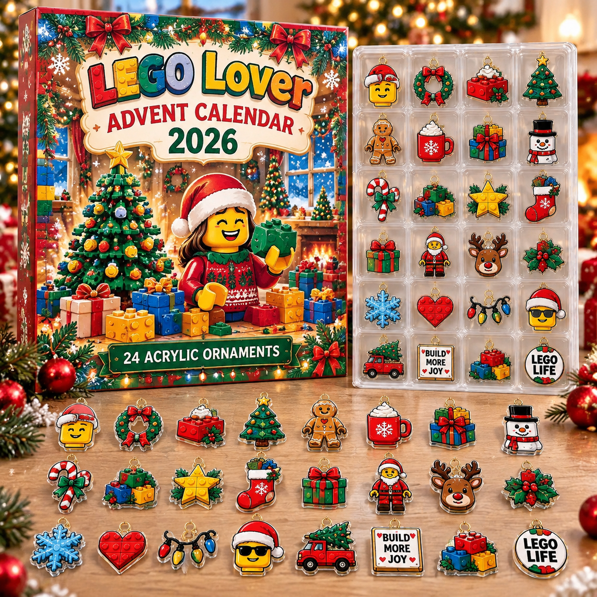 Lego Lover HG AI Advent Calendar  2026, 24 Acrylic Ornaments, Christmas Countdown Blind Box Holiday Gift for Brick Builders