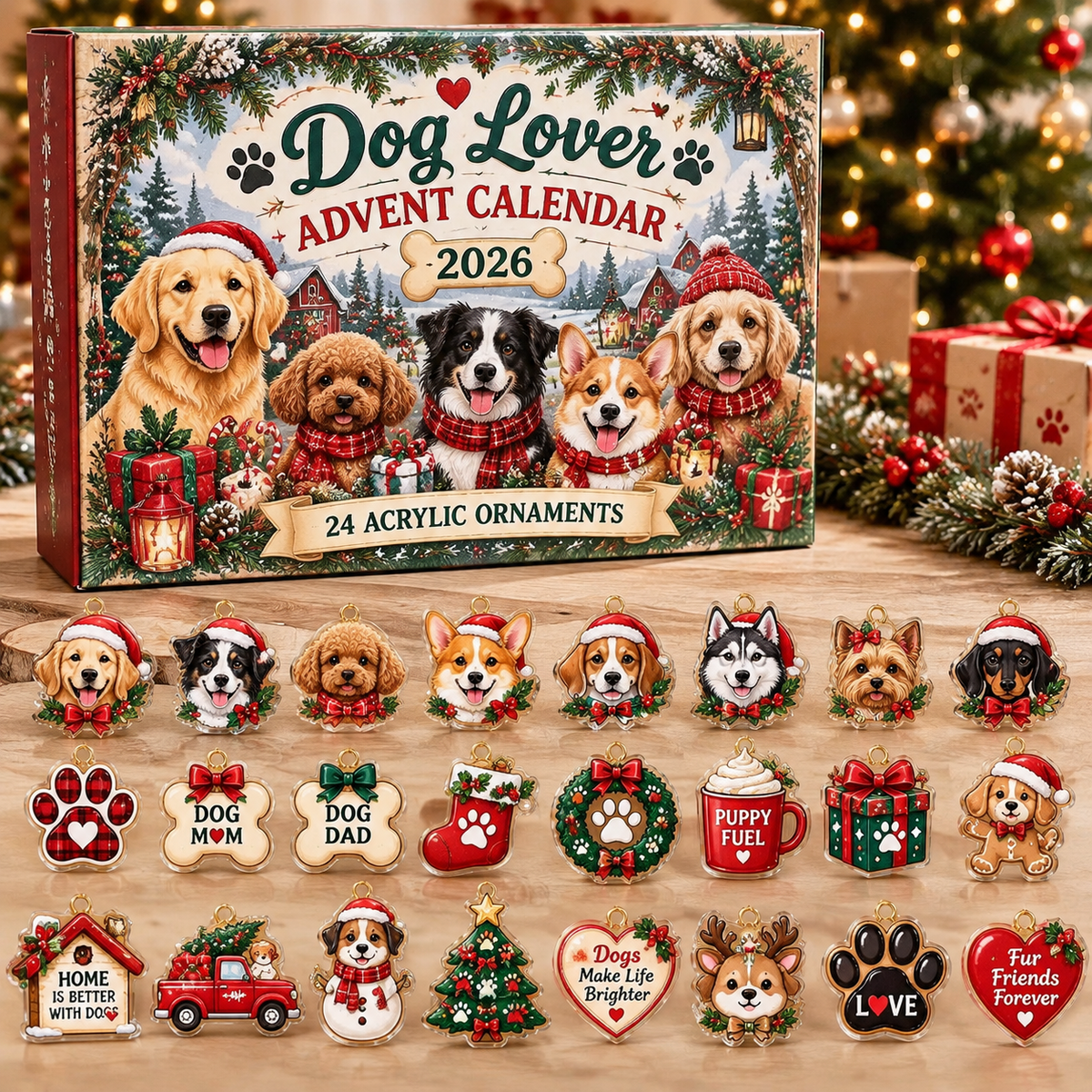 Dog Lover HG AI Advent Calendar  2026, 24 Acrylic Ornaments, Christmas Countdown Blind Box Gift for Pet Parents