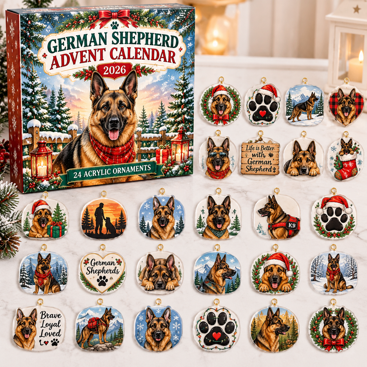 German Shepherd HG AI Advent Calendar  2026, 24 Acrylic Ornaments, Christmas Countdown Blind Box Gift for Canine Fans