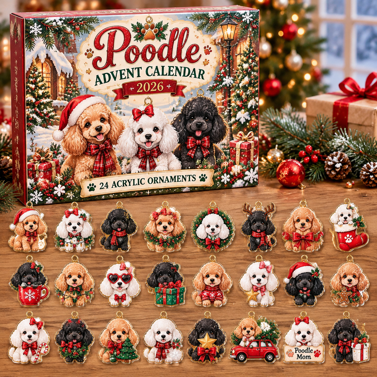Poodle HG AI Advent Calendar  2026, 24 Acrylic Ornaments, Christmas Countdown Blind Box Gift for Dog Parents