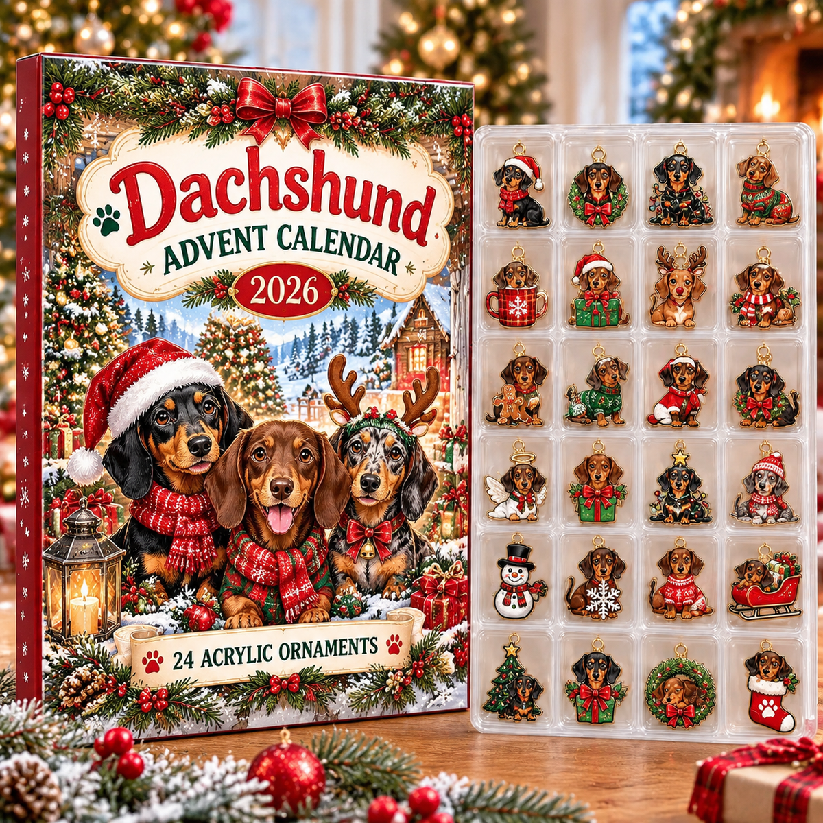 Dachshund HG AI Advent Calendar  2026, 24 Acrylic Ornaments, Christmas Countdown Blind Box Gift for Dog Moms