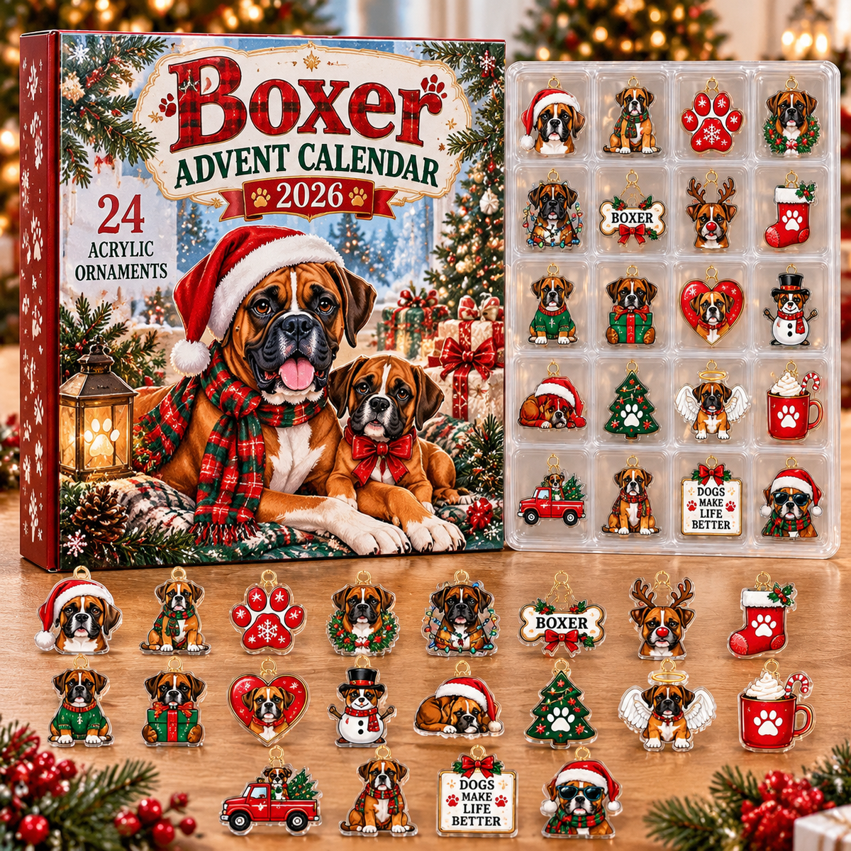 Boxer HG AI Advent Calendar  2026, 24 Acrylic Ornaments, Christmas Countdown Blind Box Gift for Puppy Fans