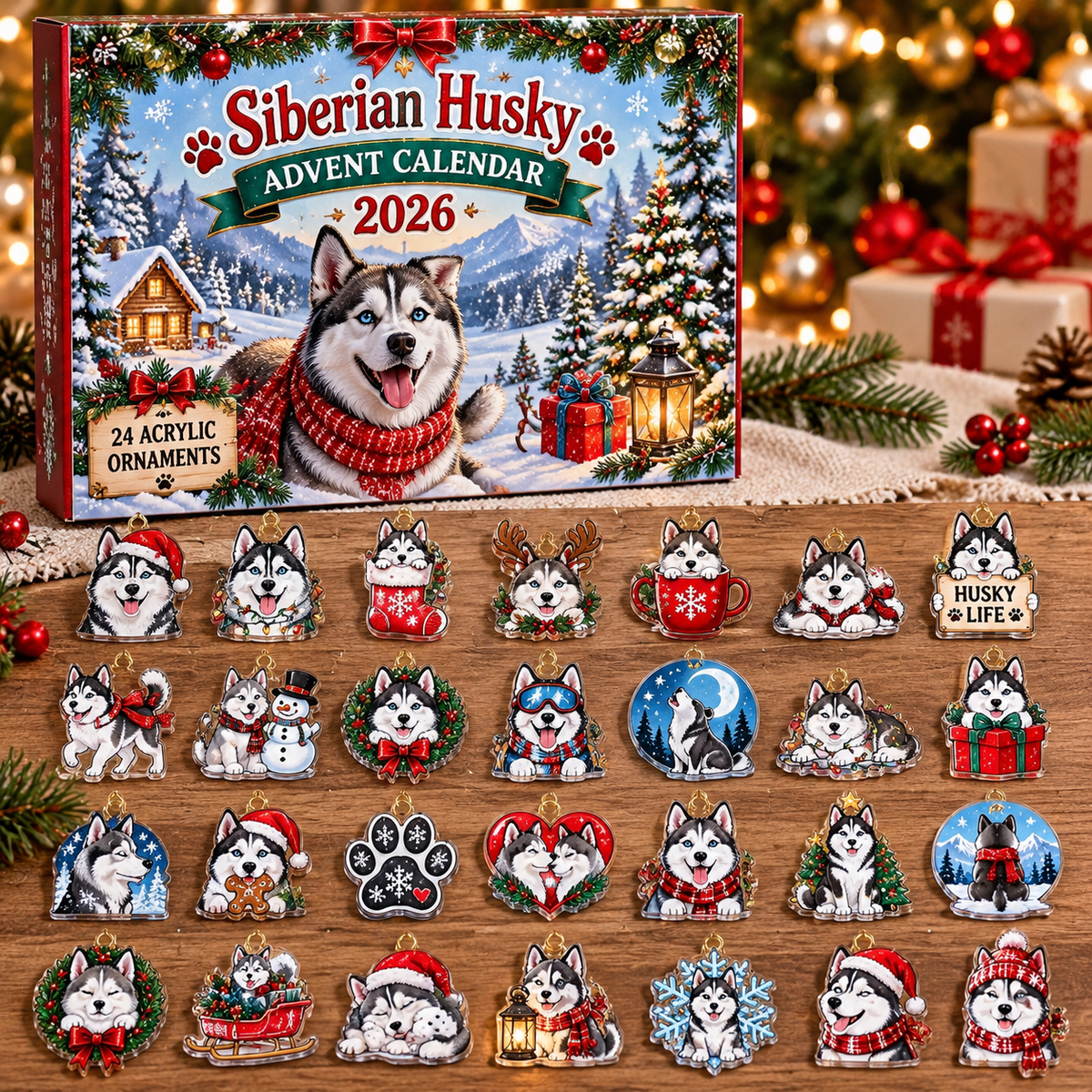 Siberian Husky HG AI Advent Calendar  2026, 24 Acrylic Ornaments, Christmas Countdown Blind Box Gift for Dog Moms