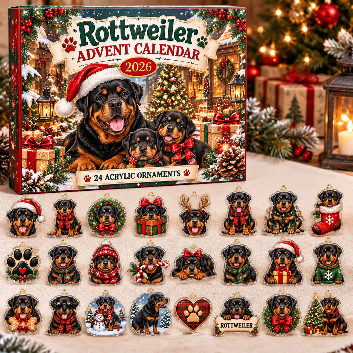 Rottweiler HG AI Advent Calendar  2026, 24 Acrylic Ornaments, Christmas Countdown Blind Box Gift for Canine Fans