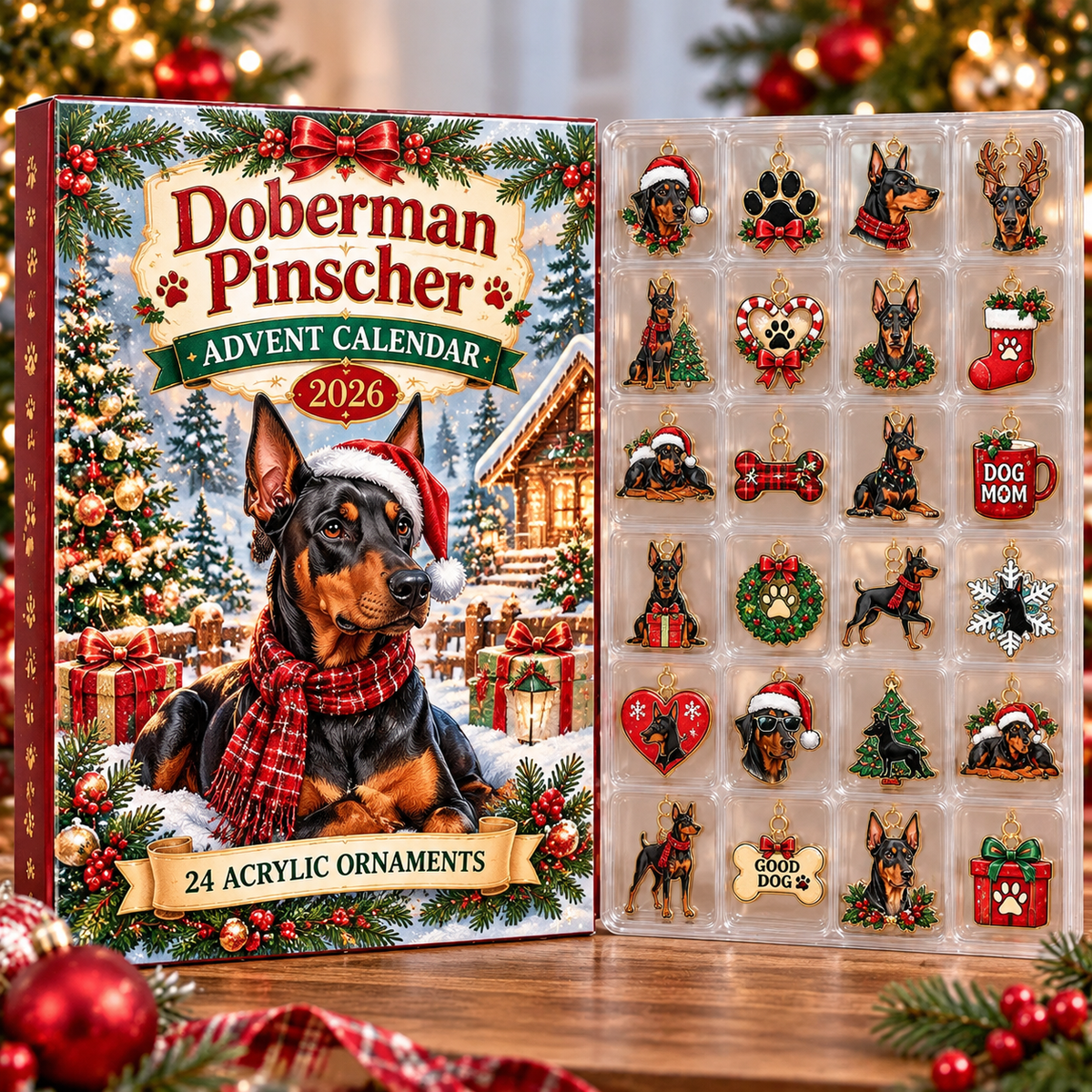Doberman Pinscher HG AI Advent Calendar  2026, 24 Acrylic Ornaments, Christmas Countdown Blind Box Gift for Dog Moms