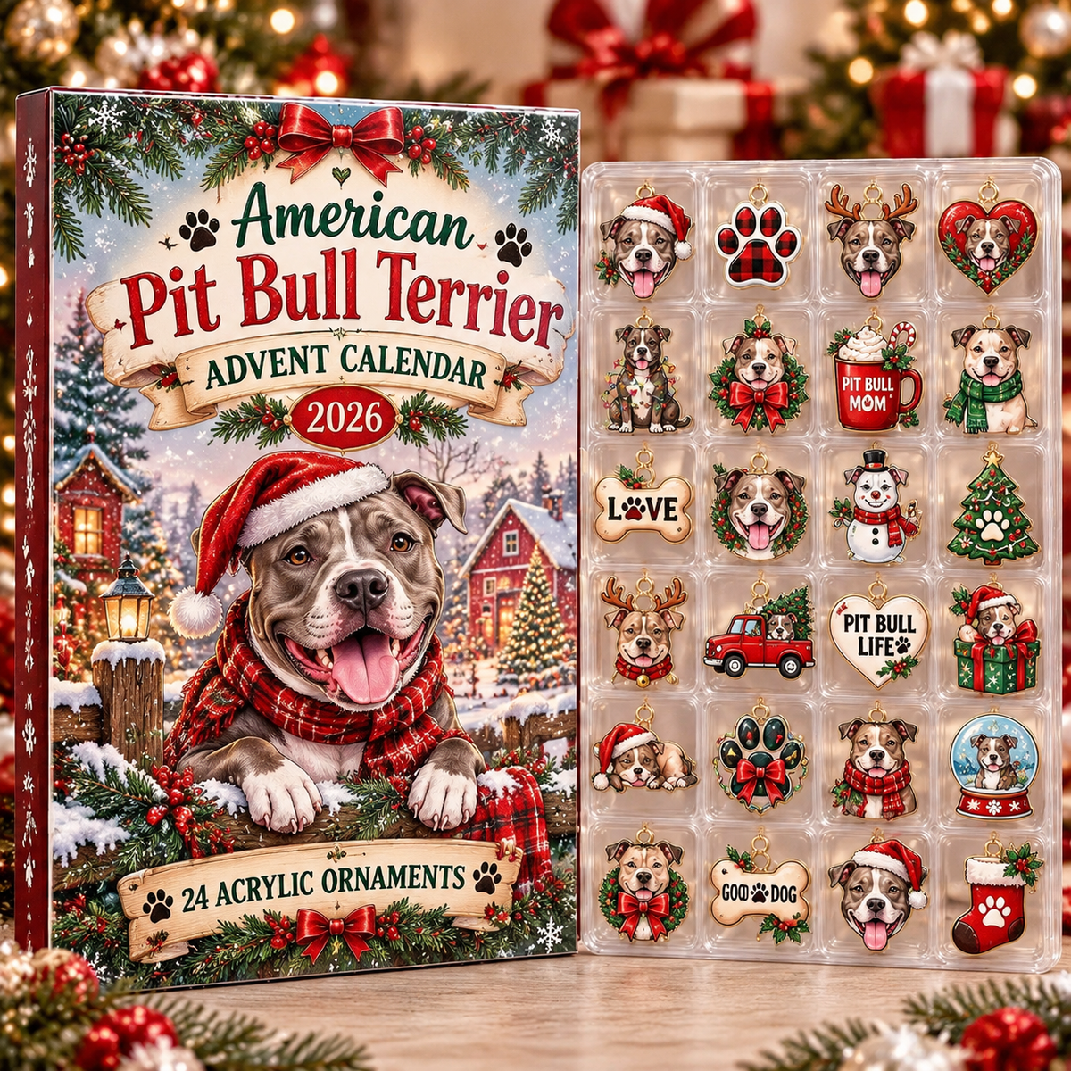 American Pit Bull Terrier HG AI Advent Calendar  2026, 24 Acrylic Ornaments, Christmas Countdown Blind Box Gift for Dog Lovers