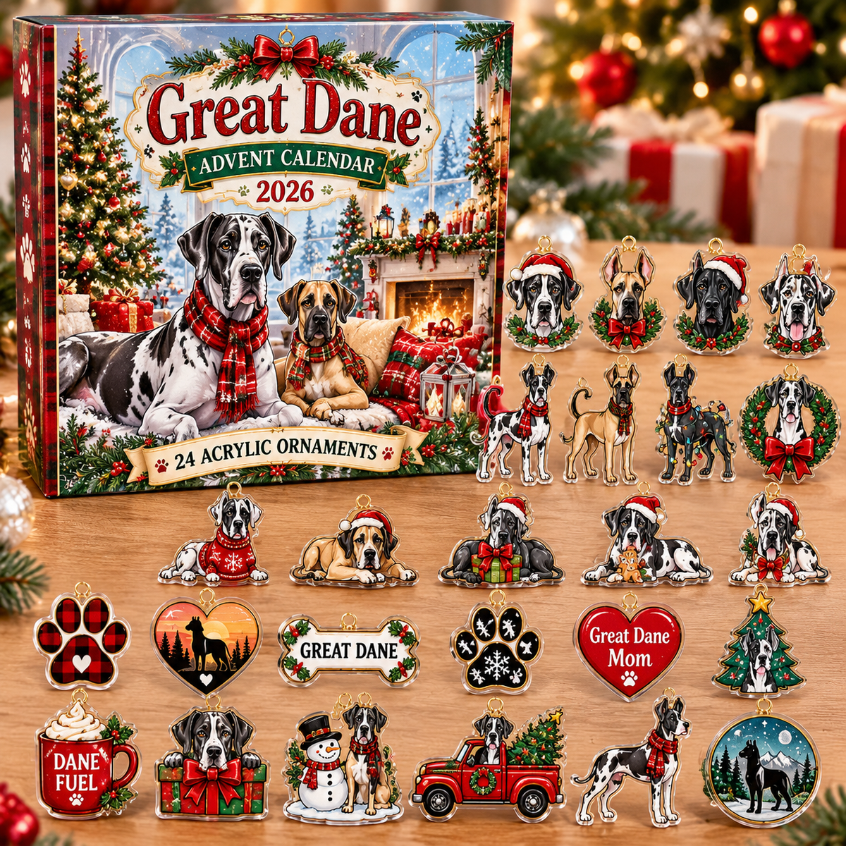 Great Dane HG AI Advent Calendar  2026, 24 Acrylic Ornaments, Christmas Countdown Blind Box Gift for Dog Lovers