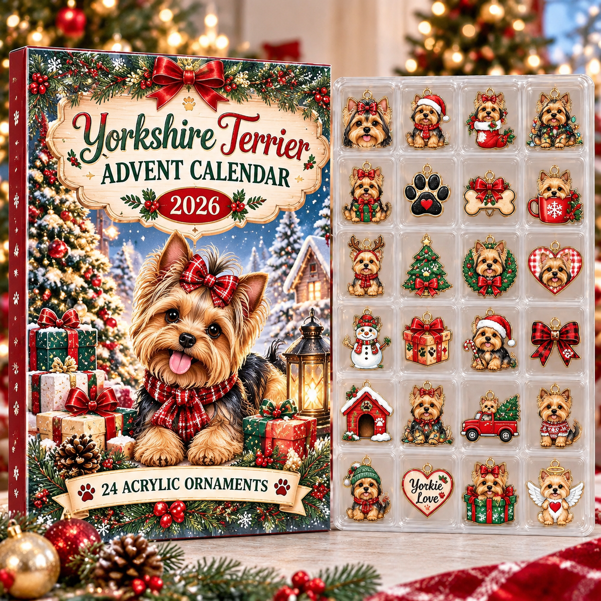 Yorkshire Terrier HG AI Advent Calendar  2026, 24 Acrylic Ornaments, Christmas Countdown Blind Box Gift for Dog Lovers