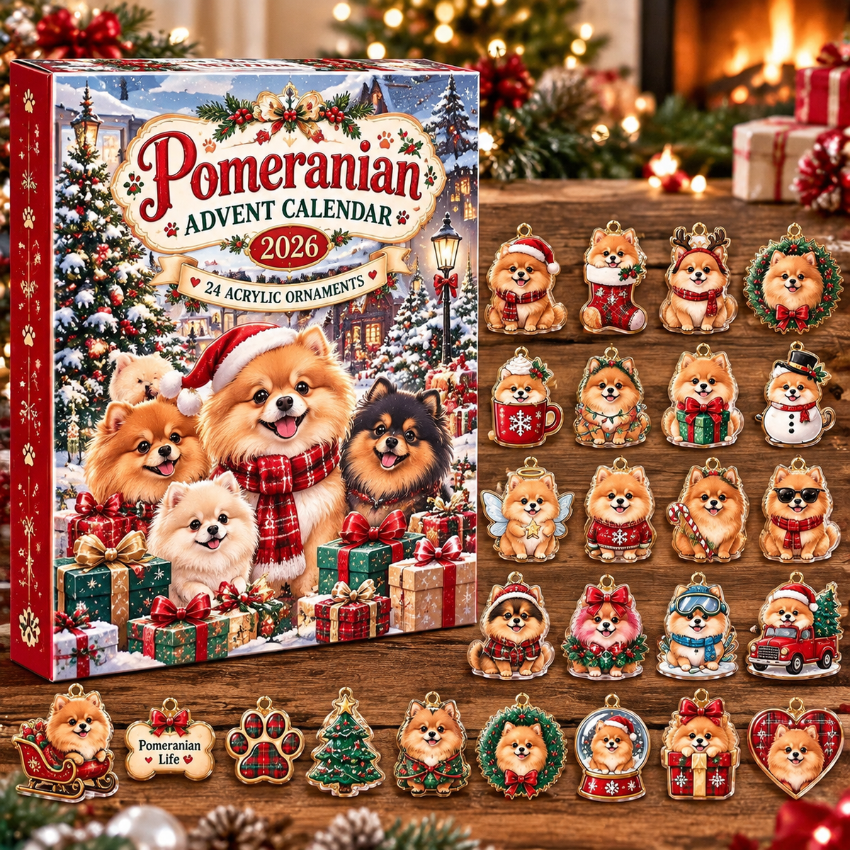 Pomeranian HG AI Advent Calendar  2026, 24 Acrylic Ornaments, Christmas Countdown Blind Box Gift for Dog Lovers