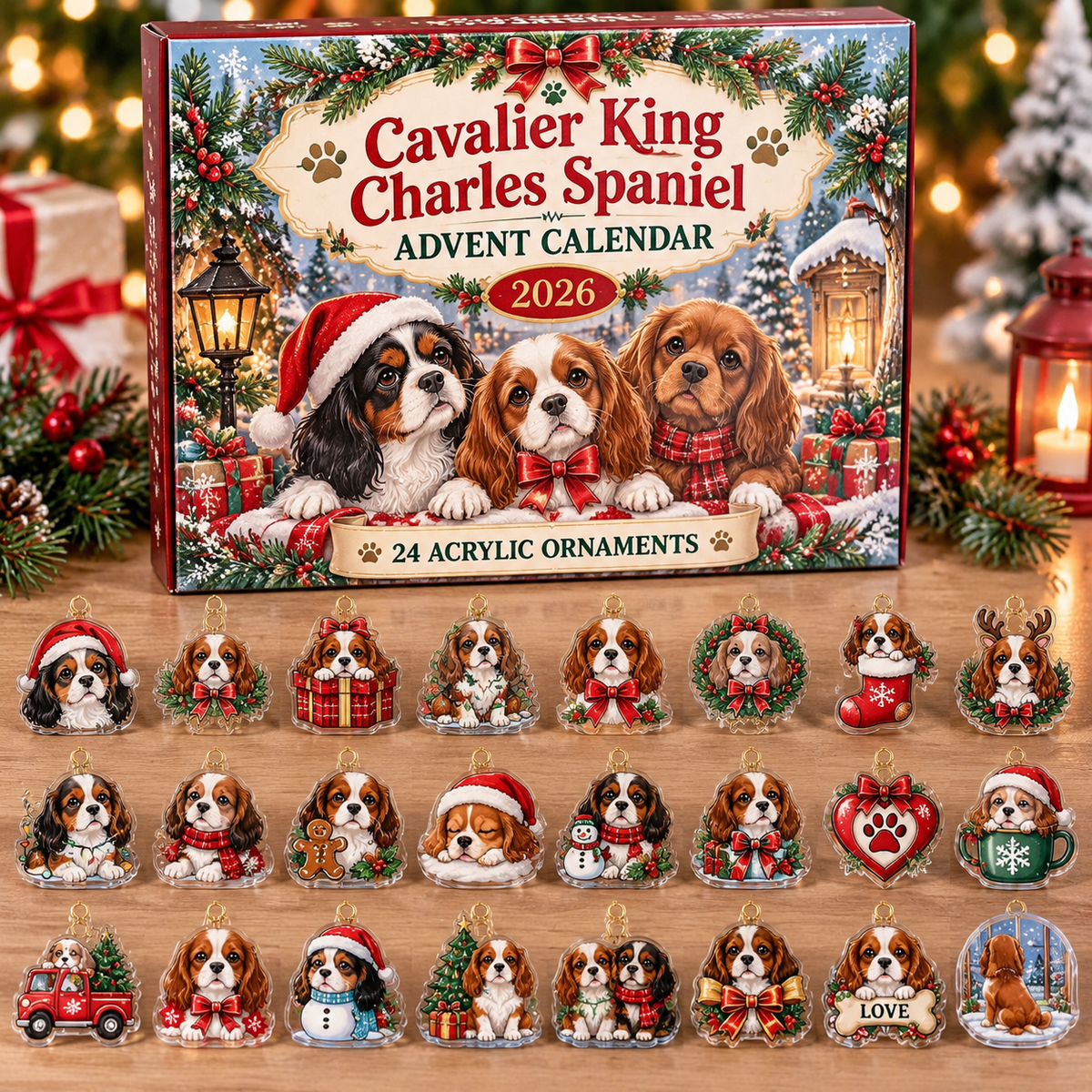Cavalier King Charles Spaniel HG AI Advent Calendar  2026, 24 Acrylic Ornaments, Christmas Countdown Blind Box Dog Lover Gift