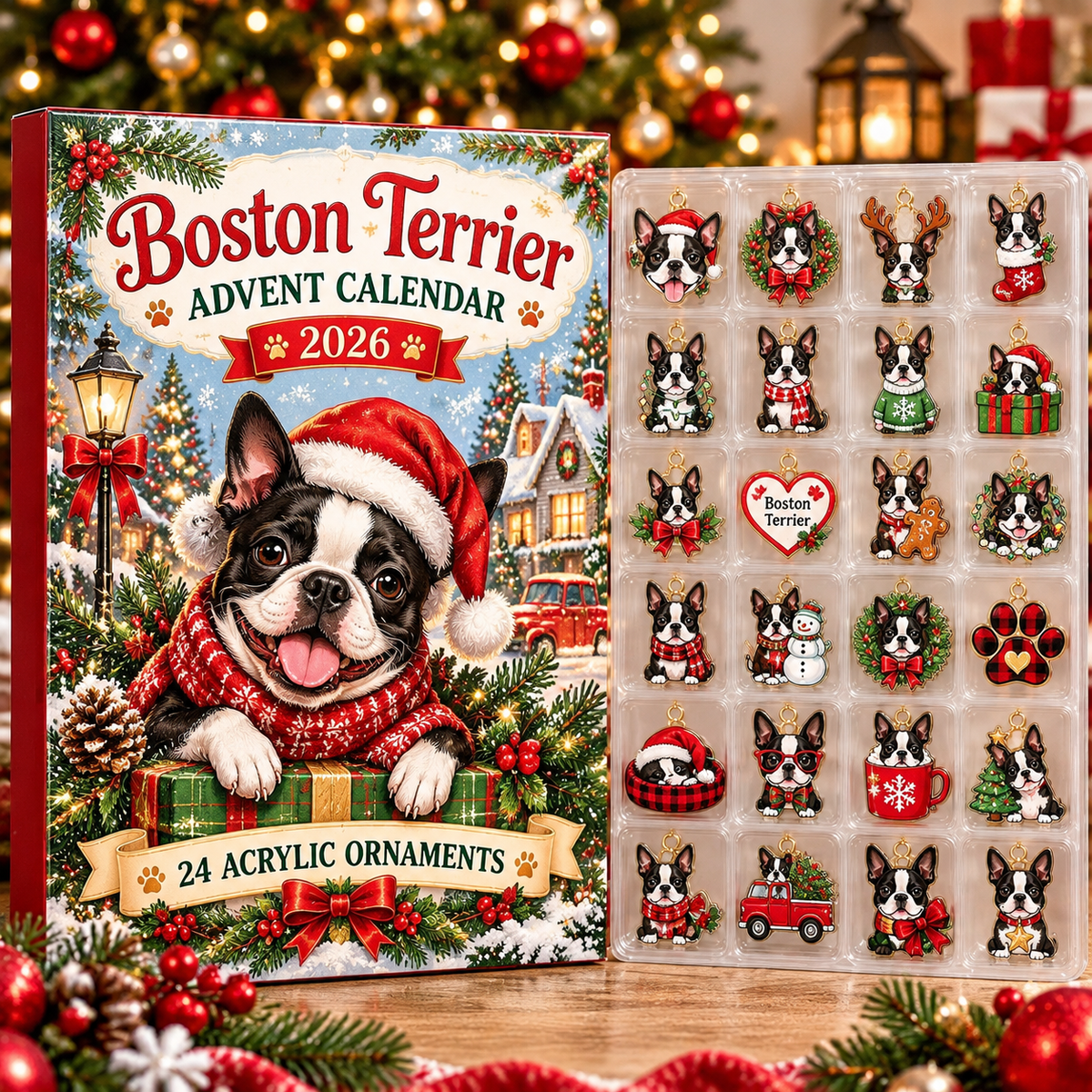 Boston Terrier HG AI Advent Calendar  2026, 24 Acrylic Ornaments, Christmas Countdown Blind Box Gift for Dog Lovers