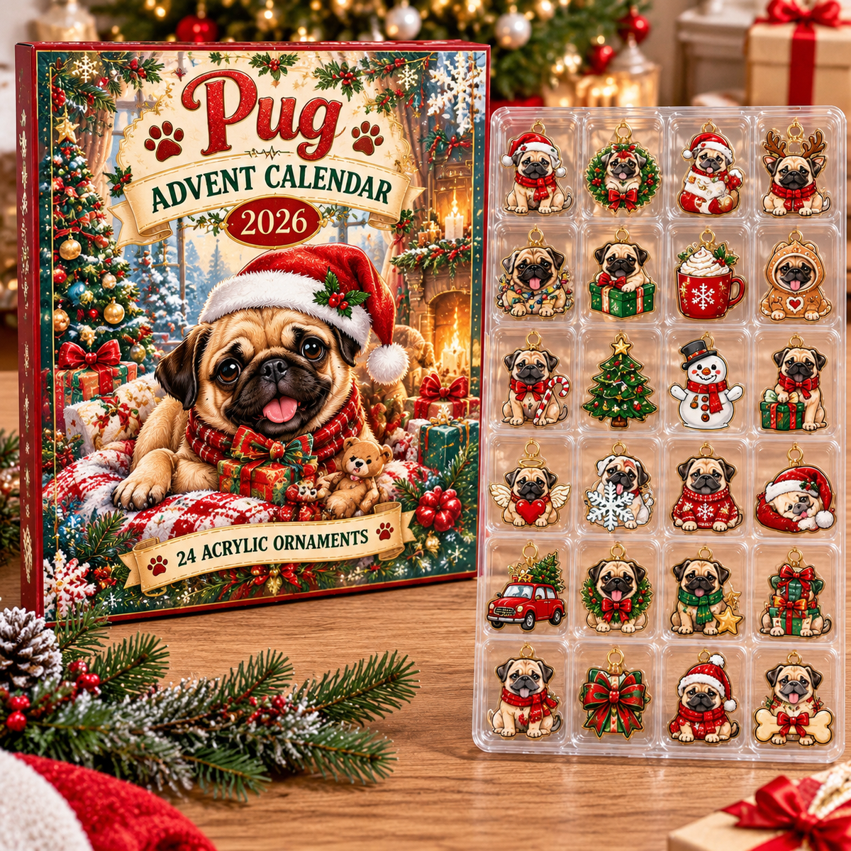 Pug HG AI Advent Calendar  2026, 24 Acrylic Ornaments, Christmas Countdown Blind Box Gift for Dog Lovers