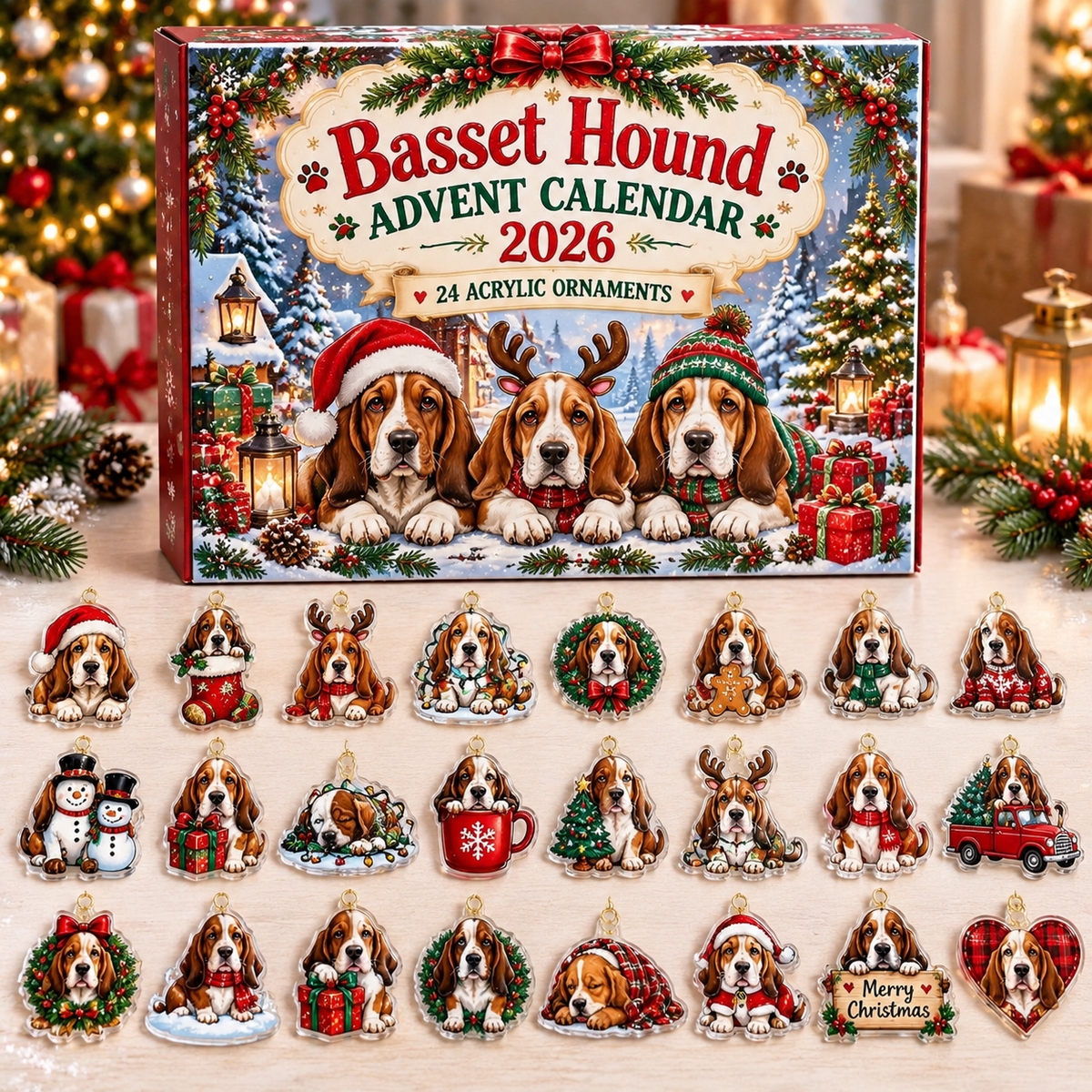 Basset Hound HG AI Advent Calendar  2026, 24 Acrylic Ornaments, Christmas Countdown Blind Box Gift for Dog Lovers