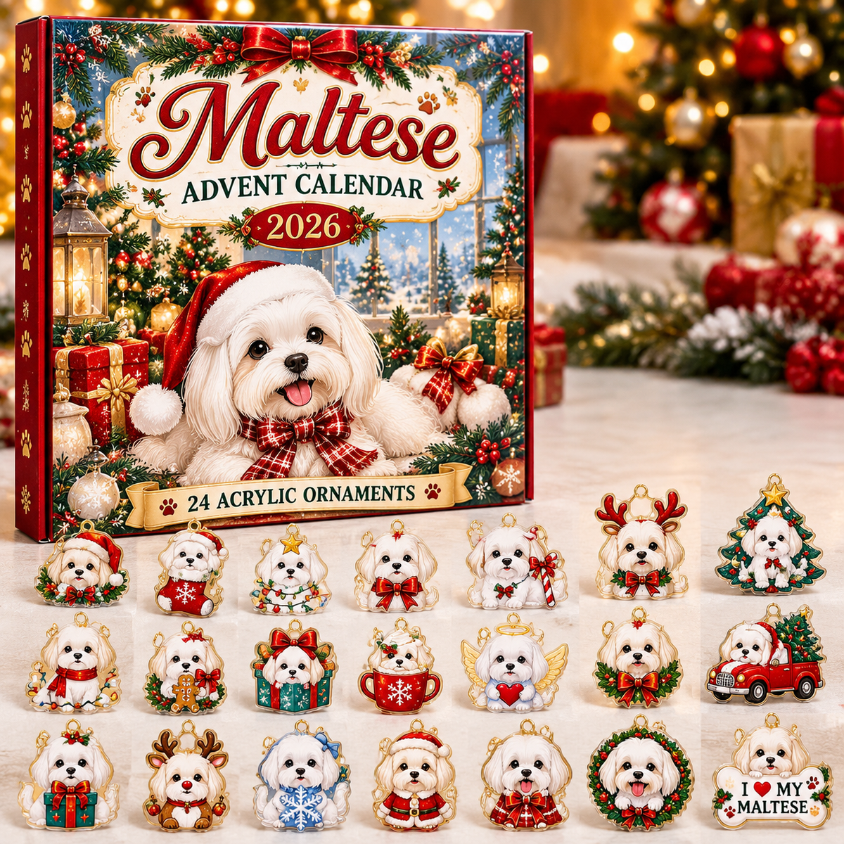 Maltese HG AI Advent Calendar  2026, 24 Acrylic Ornaments, Christmas Countdown Blind Box Gift for Dog Lovers