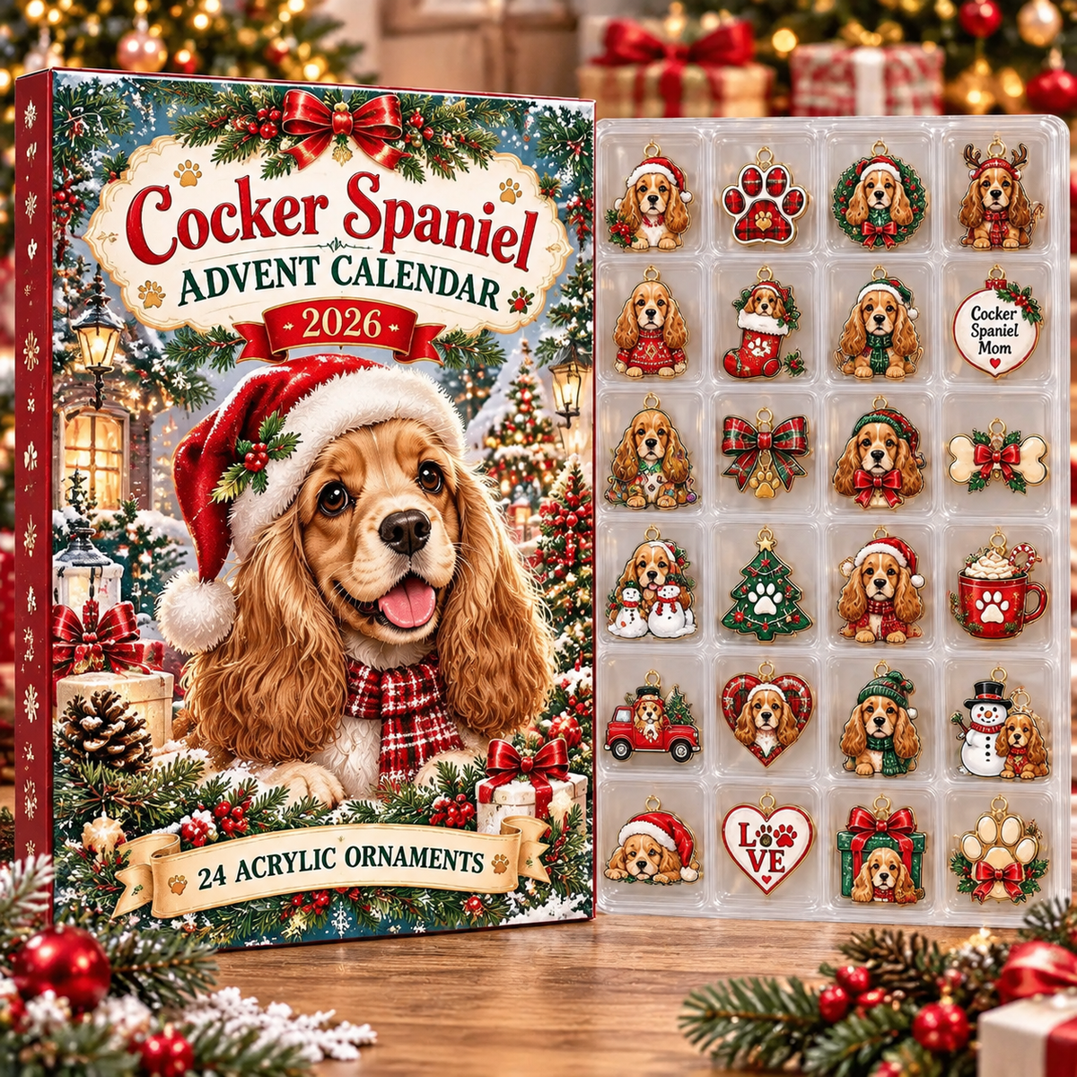 Cocker Spaniel HG AI Advent Calendar  2026, 24 Acrylic Ornaments, Christmas Countdown Blind Box Gift for Dog Lovers